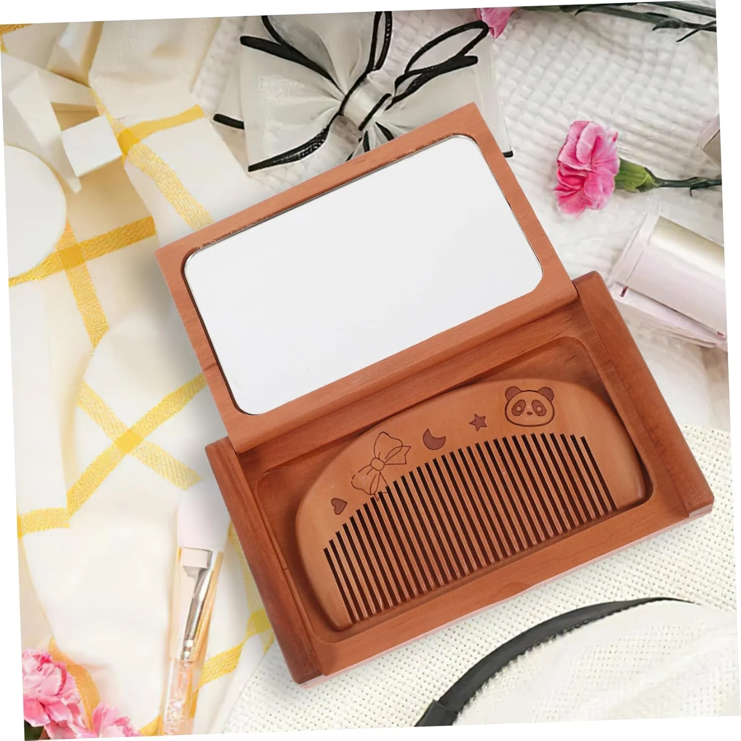 ست آینه و شانه چوبی BIUDECO، آینه تاشو، آینه کوچک، آینه مستطیلی کوچک با شانه، آینه جیبی جمع و جور، آینه قابل حمل دستی