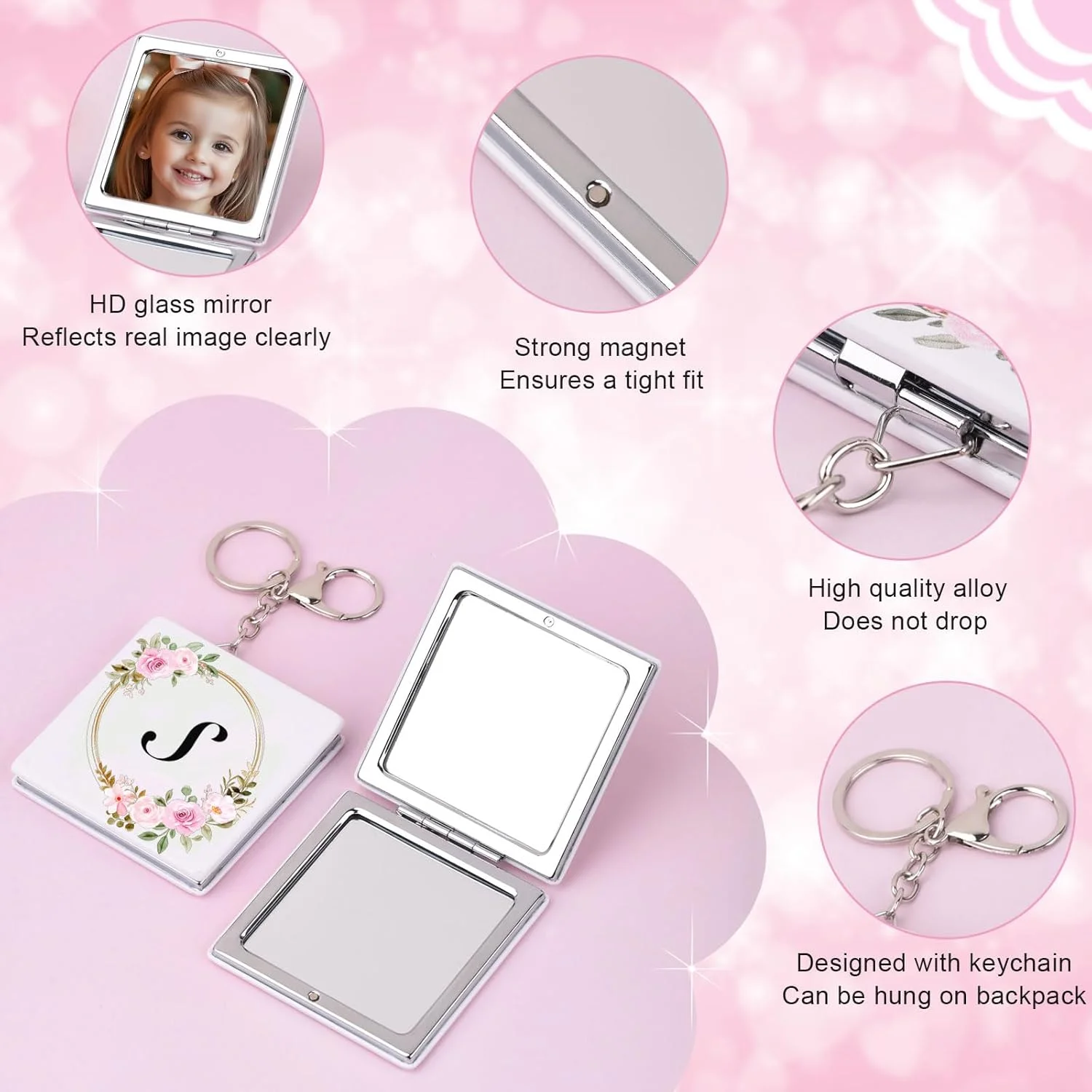 آینه آرایشی جیبی فشرده شخصی‌سازی شده BAOSIWA، آینه مسافرتی با بزرگنمایی 1X/2X به همراه جاکلیدی، مناسب برای هدیه روز ولنتاین، دختران نوجوان و خانم‌ها