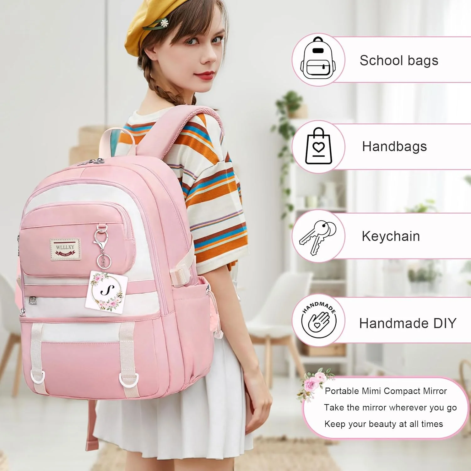 آینه آرایشی جیبی فشرده شخصی‌سازی شده BAOSIWA، آینه مسافرتی با بزرگنمایی 1X/2X به همراه جاکلیدی، مناسب برای هدیه روز ولنتاین، دختران نوجوان و خانم‌ها