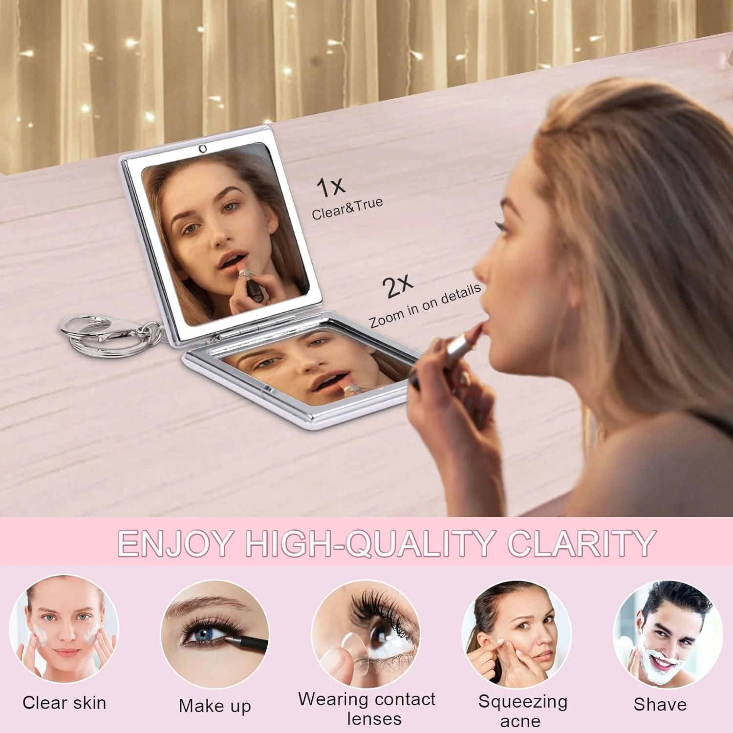 آینه آرایشی جیبی فشرده شخصی‌سازی شده BAOSIWA، آینه مسافرتی با بزرگنمایی 1X/2X به همراه جاکلیدی، مناسب برای هدیه روز ولنتاین، دختران نوجوان و خانم‌ها