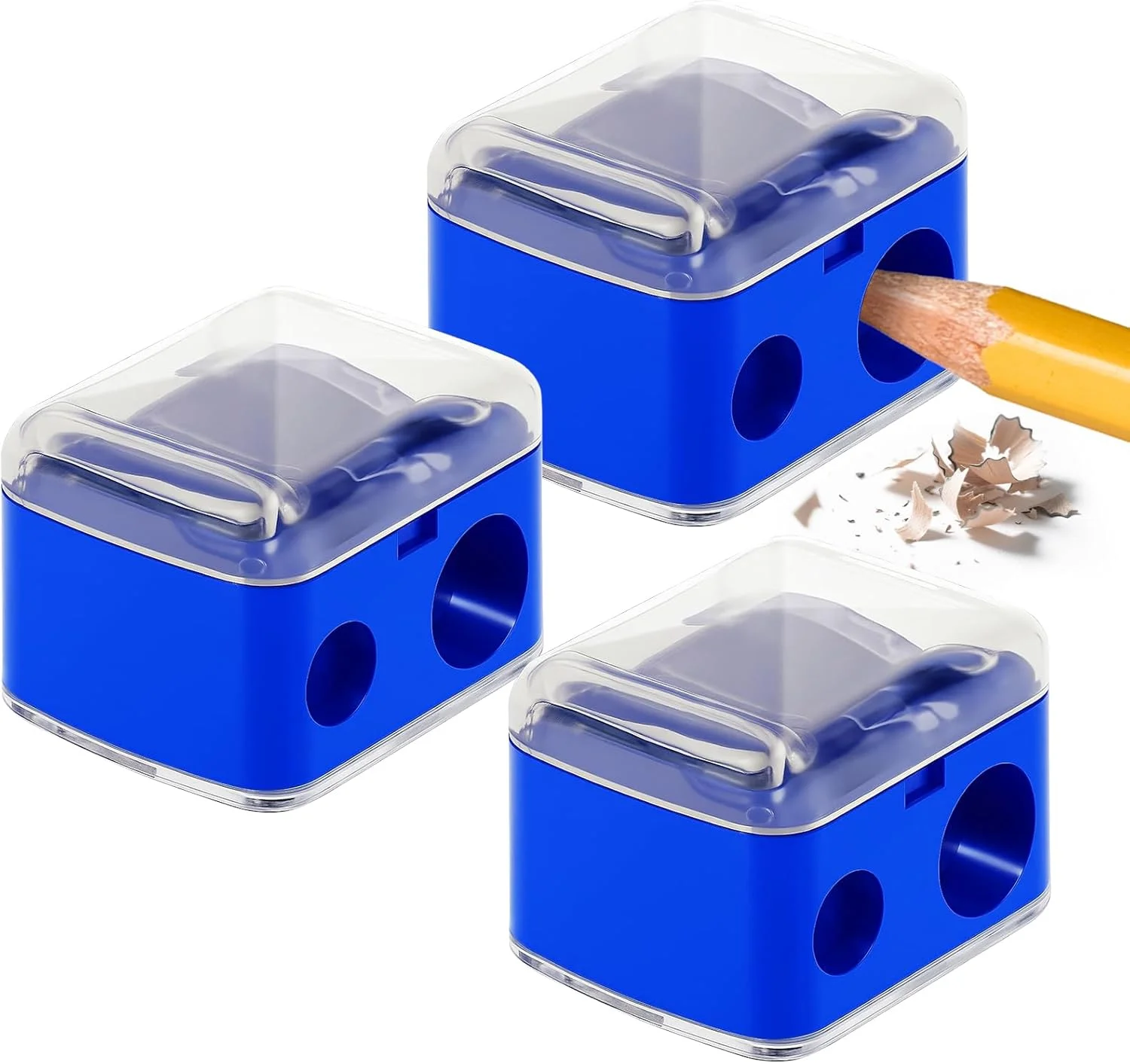 مجموعه 3 عددی تراش آرایشی - تراش مداد آرایشی 2 سوراخه برای مدادهای ابرو، خط چشم و خط لب بزرگ و کوچک - جمع آوری تراشه ها، تمیز کردن آسان (آبی)