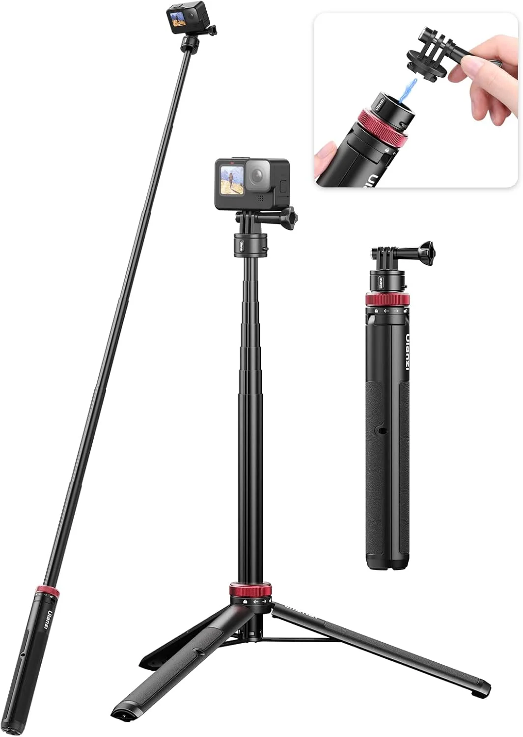 سه پایه سلفی استیک 57 اینچی برای Gopro - پایه سه پایه قابل افزایش ULANZI Go Quick II با مکش مغناطیسی و رهاسازی سریع، دسته لوازم جانبی Vlog برای GoPro Hero 11 10 9 8 7 6 5/Max/DJI OSMO Action Cam