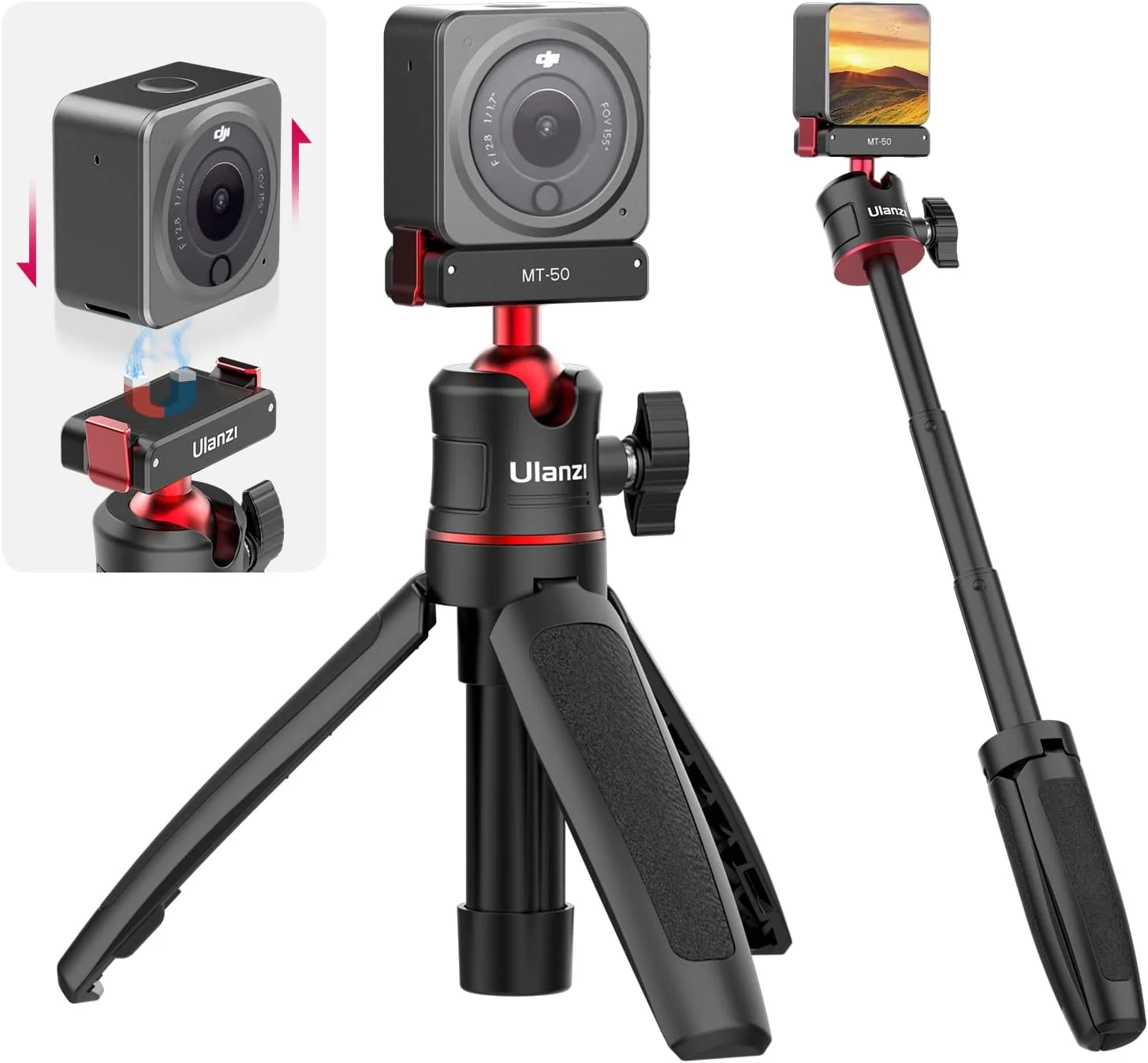 سه پایه کوچک ULANZI Select Mini مدل MT-50 مشکی با اتصال مغناطیسی سریع، سه مرحله قابل تنظیم و دسته قابل افزایش طول، لوازم جانبی برای فیلمبرداری با DJI Action 2