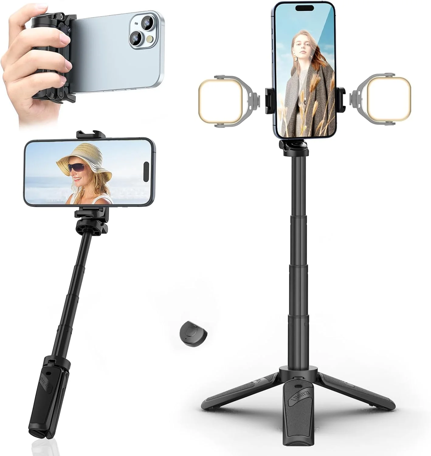 سه پایه کوچک گوشی ULANZI JJ02 به همراه ریموت برای آیفون - سه پایه مونوپاد سلفی 3 در 1، 4 بخش قابل افزایش، اندازه جیبی تاشو، 2 مانت کفشک سرد چرخش 360 درجه برای تلفن هوشمند