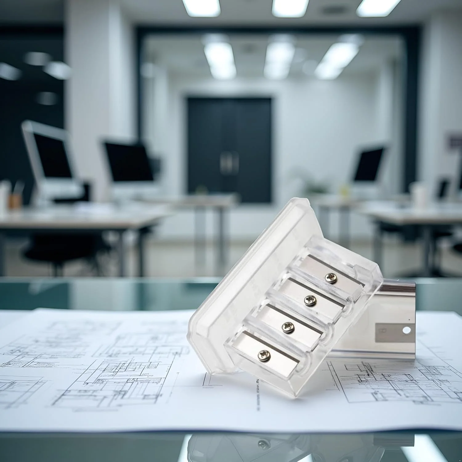 یک عدد تراش مداد زغالی شفاف 4 سوراخه، تراش مداد نجار نوک بلند، تراش پلاستیکی مداد هنرمند برای طراحی