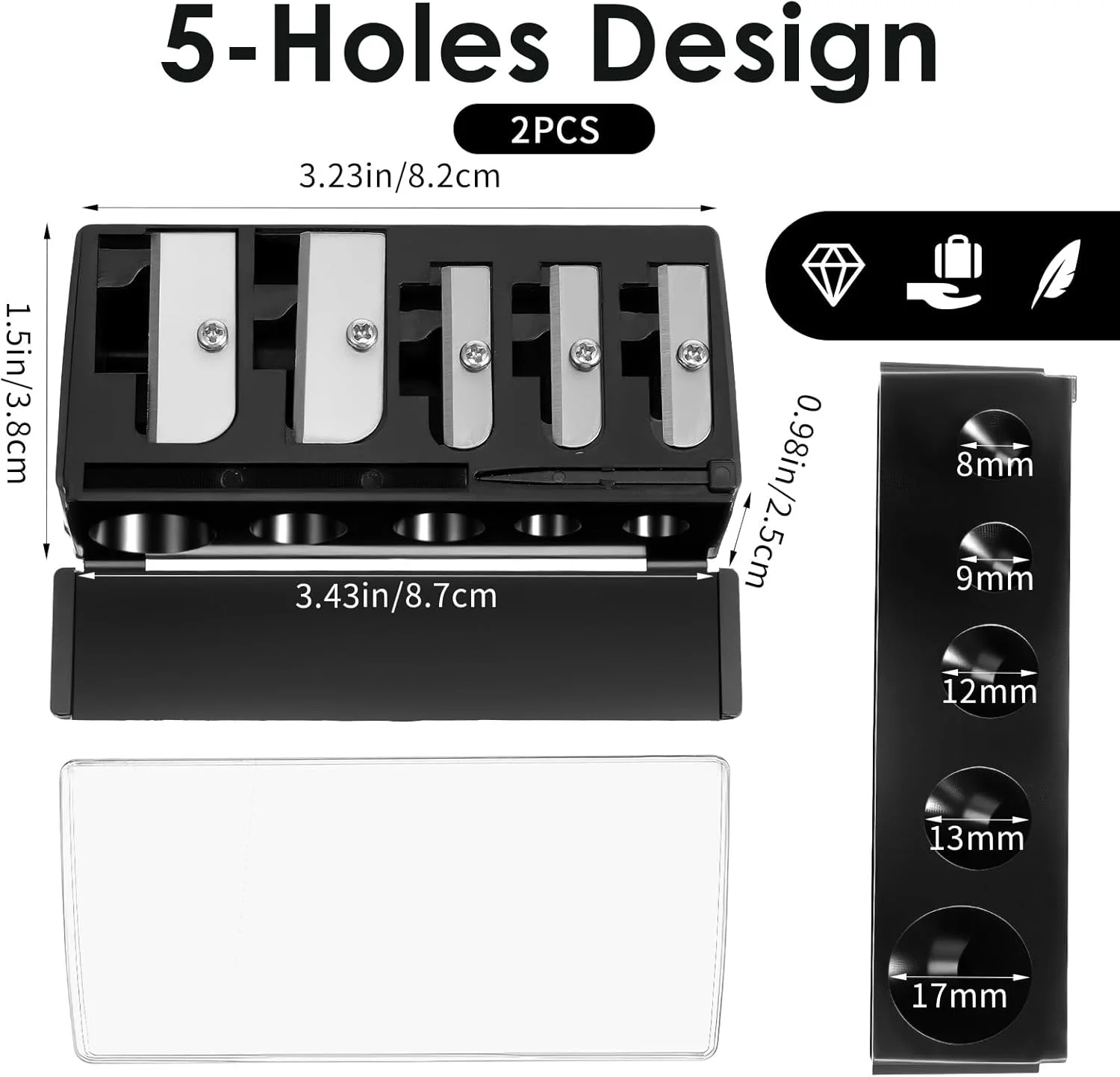 دو عدد تراش آرایشی مداد چشم زنانه، تراش دستی مداد با نوک بلند و 5 سوراخ به همراه درب پلاستیکی، مناسب برای مداد لب، مداد چشم و مداد ابرو، مشکی