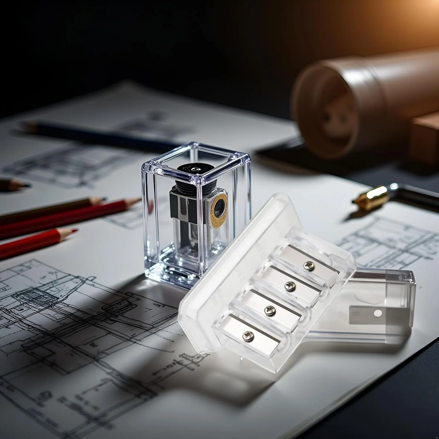 یک عدد تراش مداد زغالی شفاف 4 سوراخه، تراش مداد نجار نوک بلند، تراش پلاستیکی مداد هنرمند برای طراحی