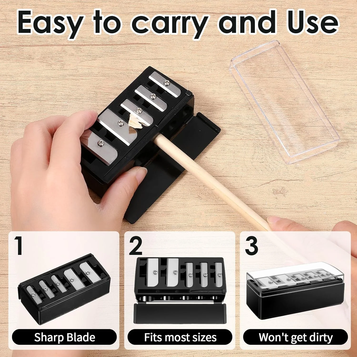 دو عدد تراش آرایشی مداد چشم زنانه، تراش دستی مداد با نوک بلند و 5 سوراخ به همراه درب پلاستیکی، مناسب برای مداد لب، مداد چشم و مداد ابرو، مشکی