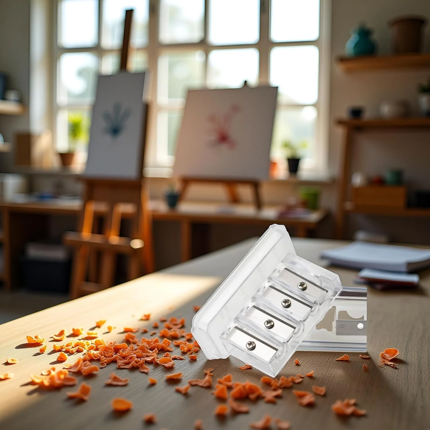 یک عدد تراش مداد زغالی شفاف 4 سوراخه، تراش مداد نجار نوک بلند، تراش پلاستیکی مداد هنرمند برای طراحی