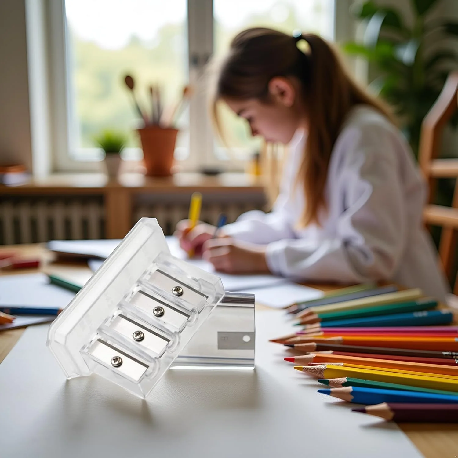 یک عدد تراش مداد زغالی شفاف 4 سوراخه، تراش مداد نجار نوک بلند، تراش پلاستیکی مداد هنرمند برای طراحی