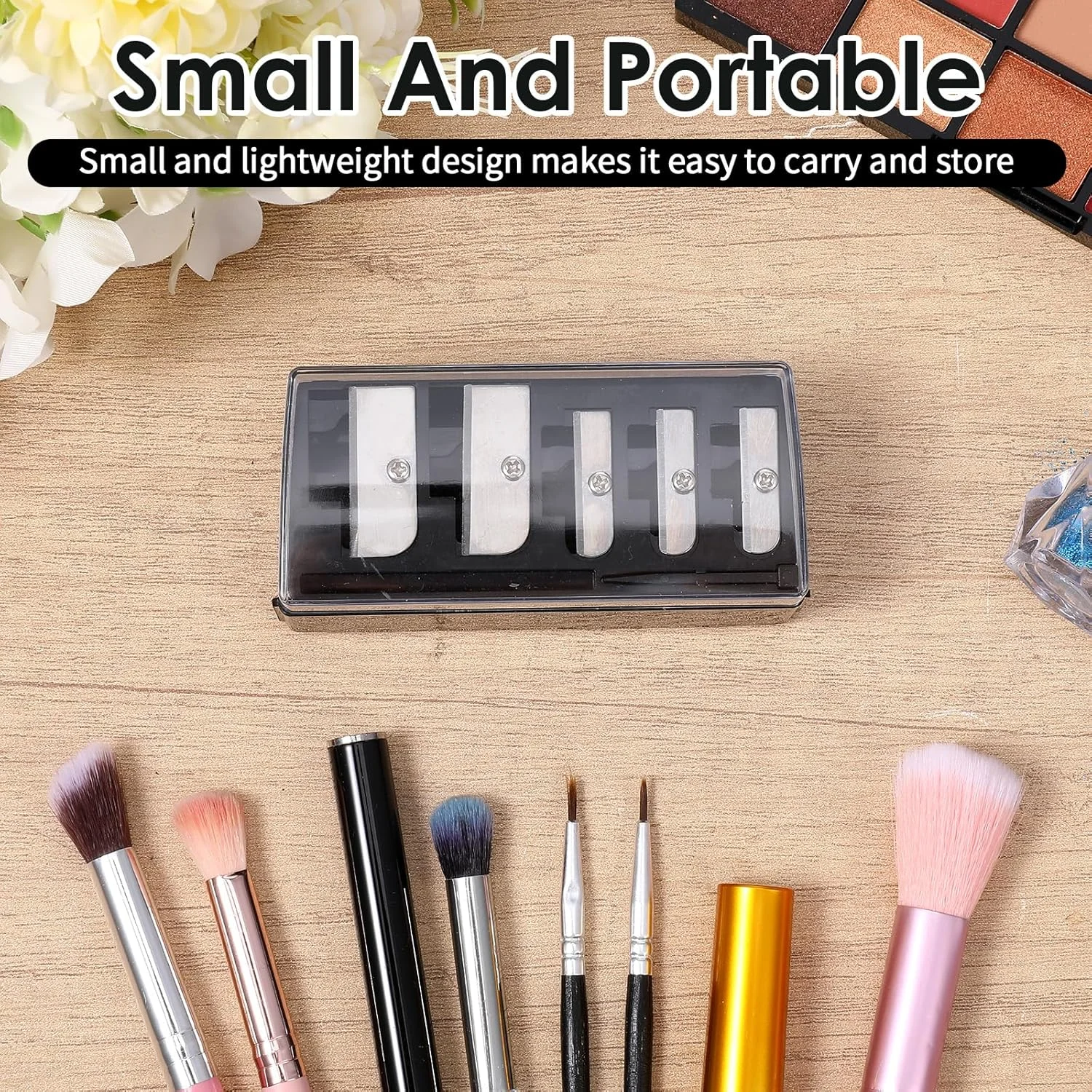 دو عدد تراش آرایشی مداد چشم زنانه، تراش دستی مداد با نوک بلند و 5 سوراخ به همراه درب پلاستیکی، مناسب برای مداد لب، مداد چشم و مداد ابرو، مشکی