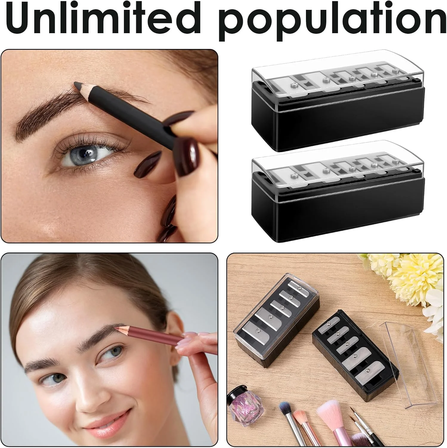 دو عدد تراش آرایشی مداد چشم زنانه، تراش دستی مداد با نوک بلند و 5 سوراخ به همراه درب پلاستیکی، مناسب برای مداد لب، مداد چشم و مداد ابرو، مشکی