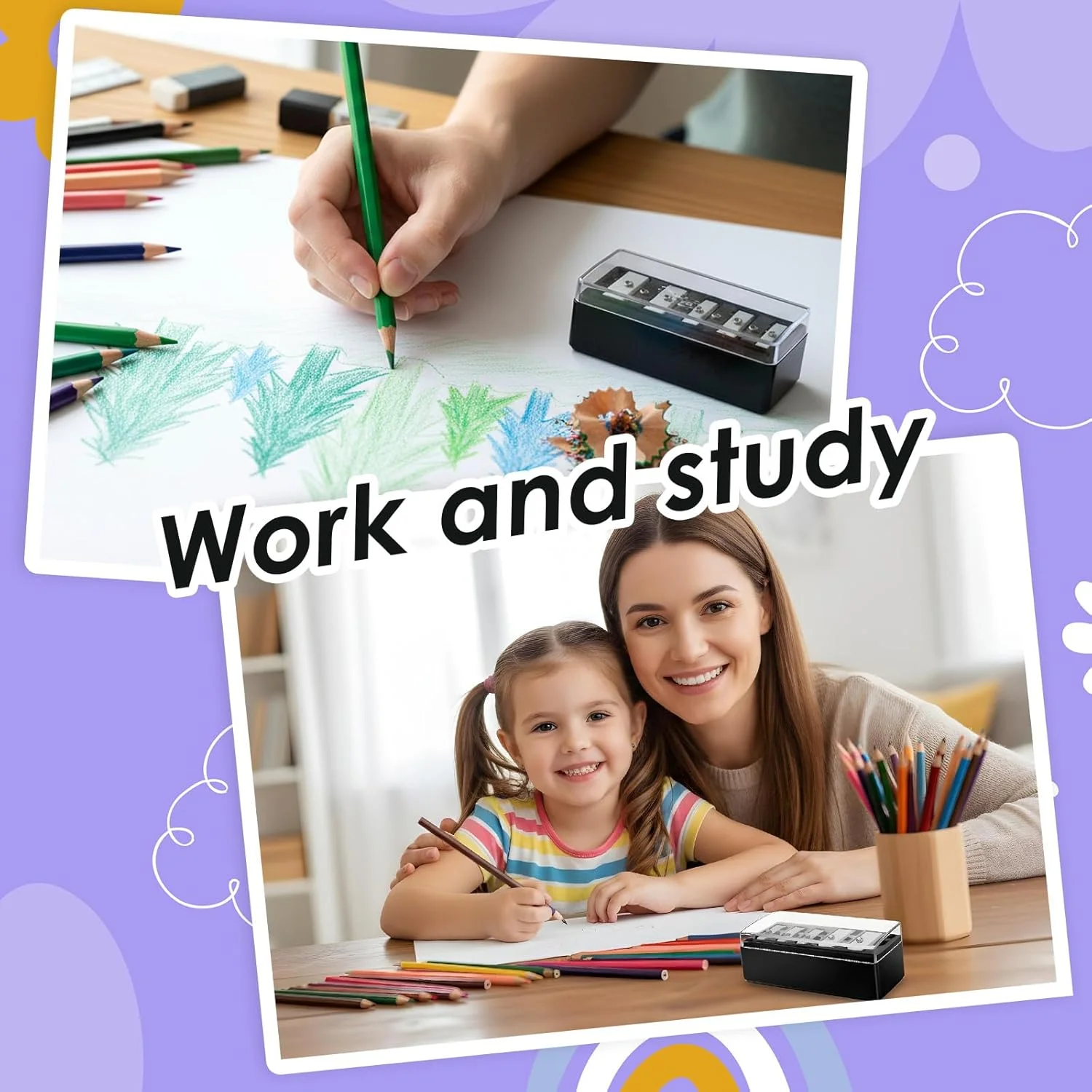 دو عدد تراش آرایشی مداد چشم زنانه، تراش دستی مداد با نوک بلند و 5 سوراخ به همراه درب پلاستیکی، مناسب برای مداد لب، مداد چشم و مداد ابرو، مشکی