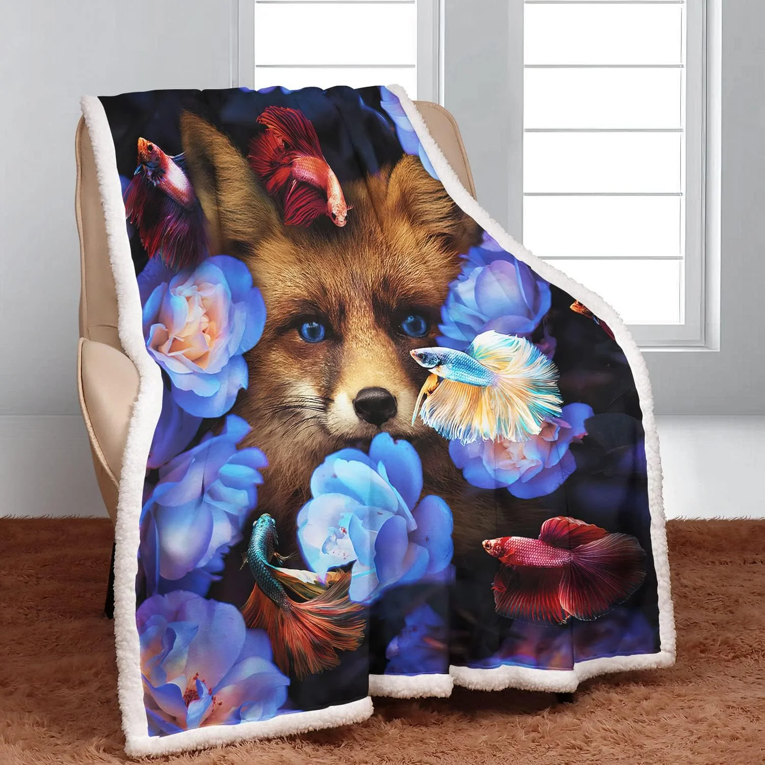 پتو شرپا زومر 150 x 200 سانتی متر، پتوی نرم و لطیف، پتوهای پشمی میکروفایبر فوق العاده نرم و گرم برای زمستان، پتوی پشمی مبل / پتوی کاناپه، پتوی تلویزیون با طرح گل روباه و ماهی