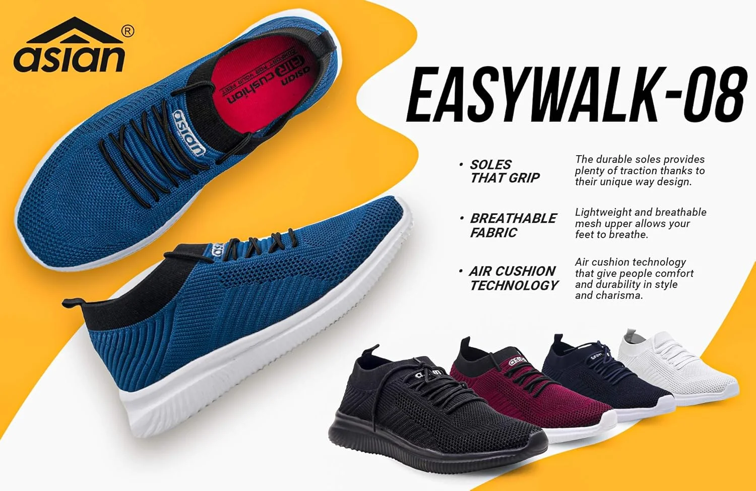 کفش ورزشی مردانه ASIAN مدل Easywalk-08، مناسب پیاده روی، کفش ورزشی بند دار سبک وزن و راحت