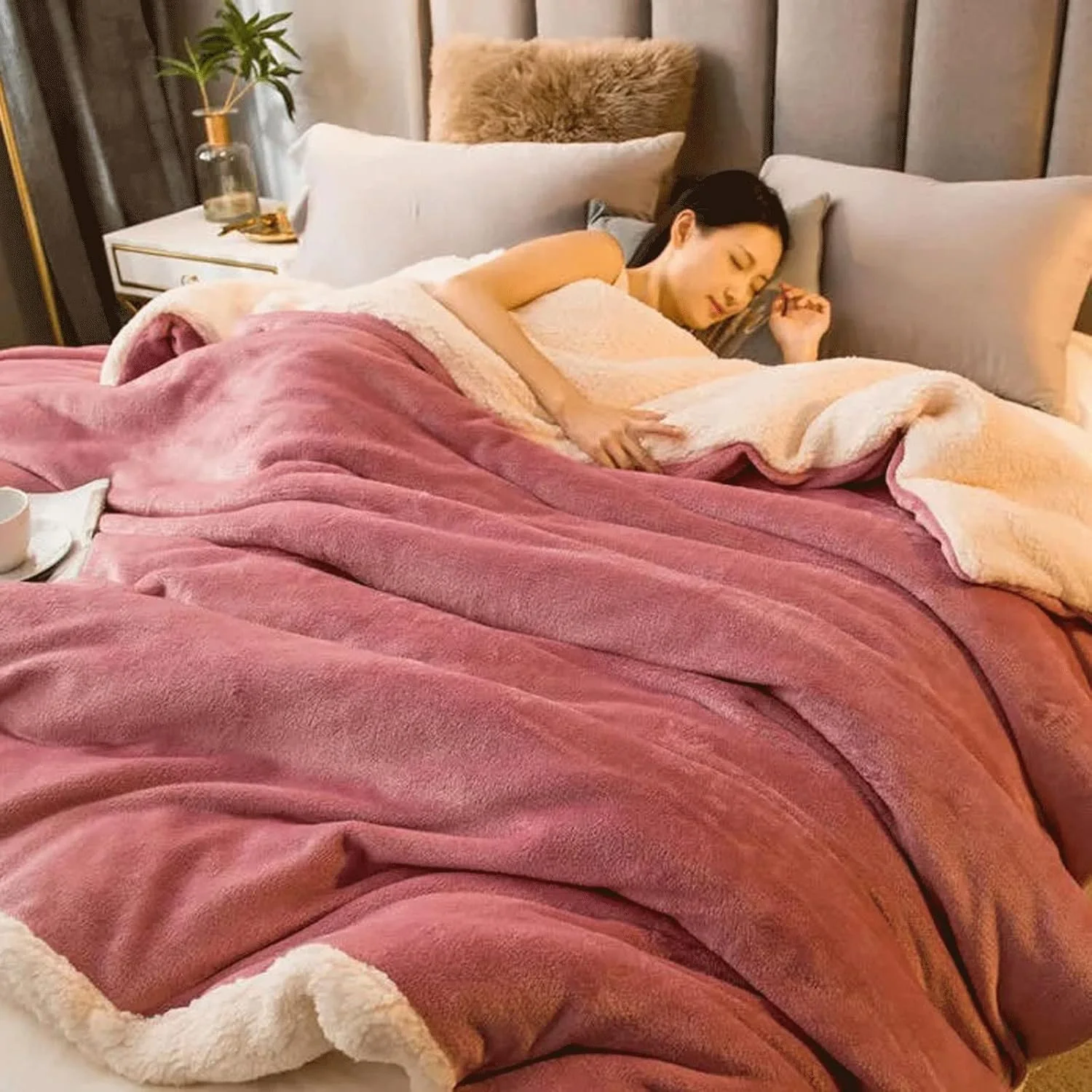 پتوی مخمل خواب دار ZKSKOX، پتوی ضخیم زمستانی، پتو پشمی گرم، مناسب تخت دو نفره، روکش نرم برای مبل و تخت، دو طرفه، رنگ ثابت، روکش لحاف، روتختی (150x180 سانتی متر)