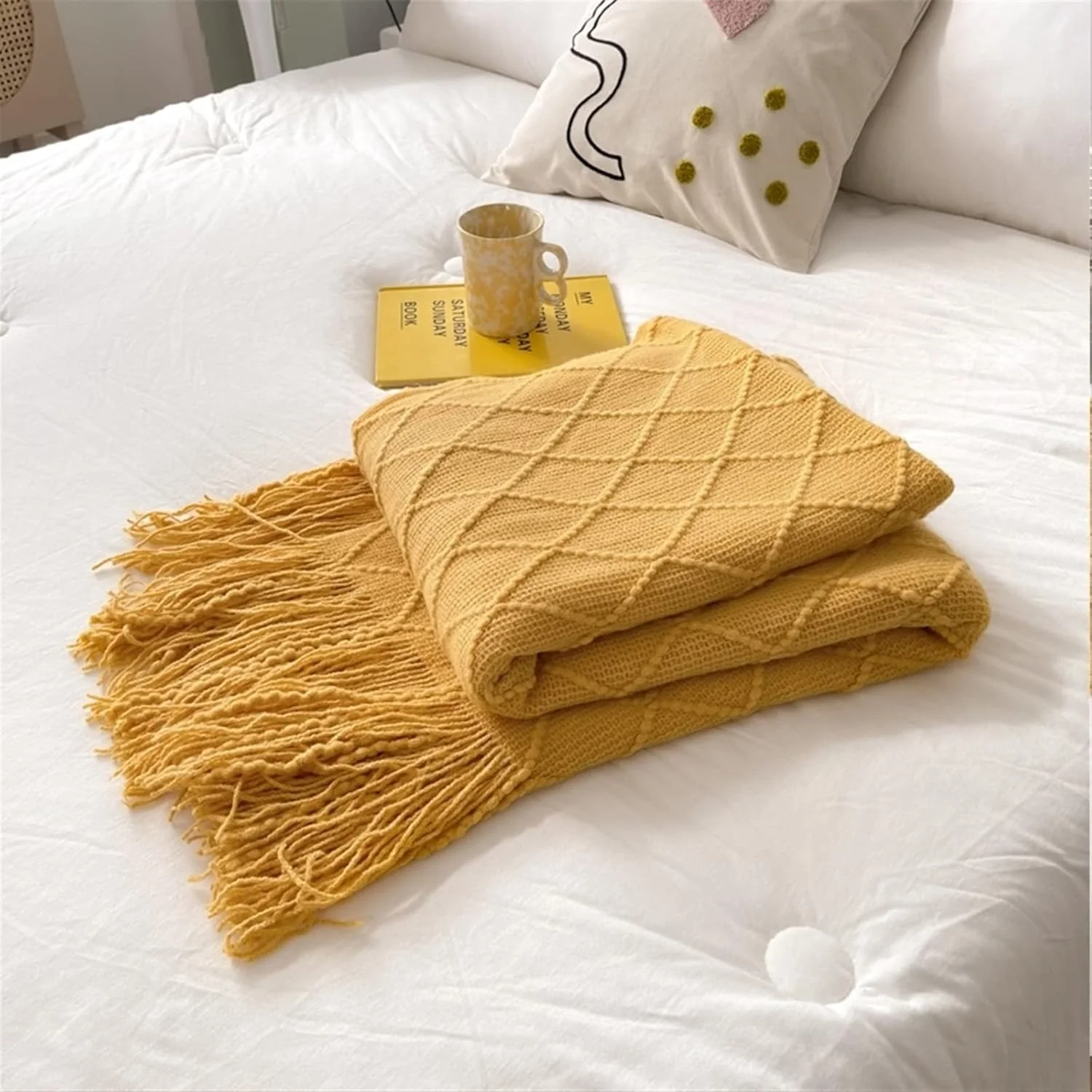 ZKSKOX Plush Blanket Knitted Blanket Green Yellow Solid Multi-Function Sofa Chair Bed Decor Cover(Hortel�)