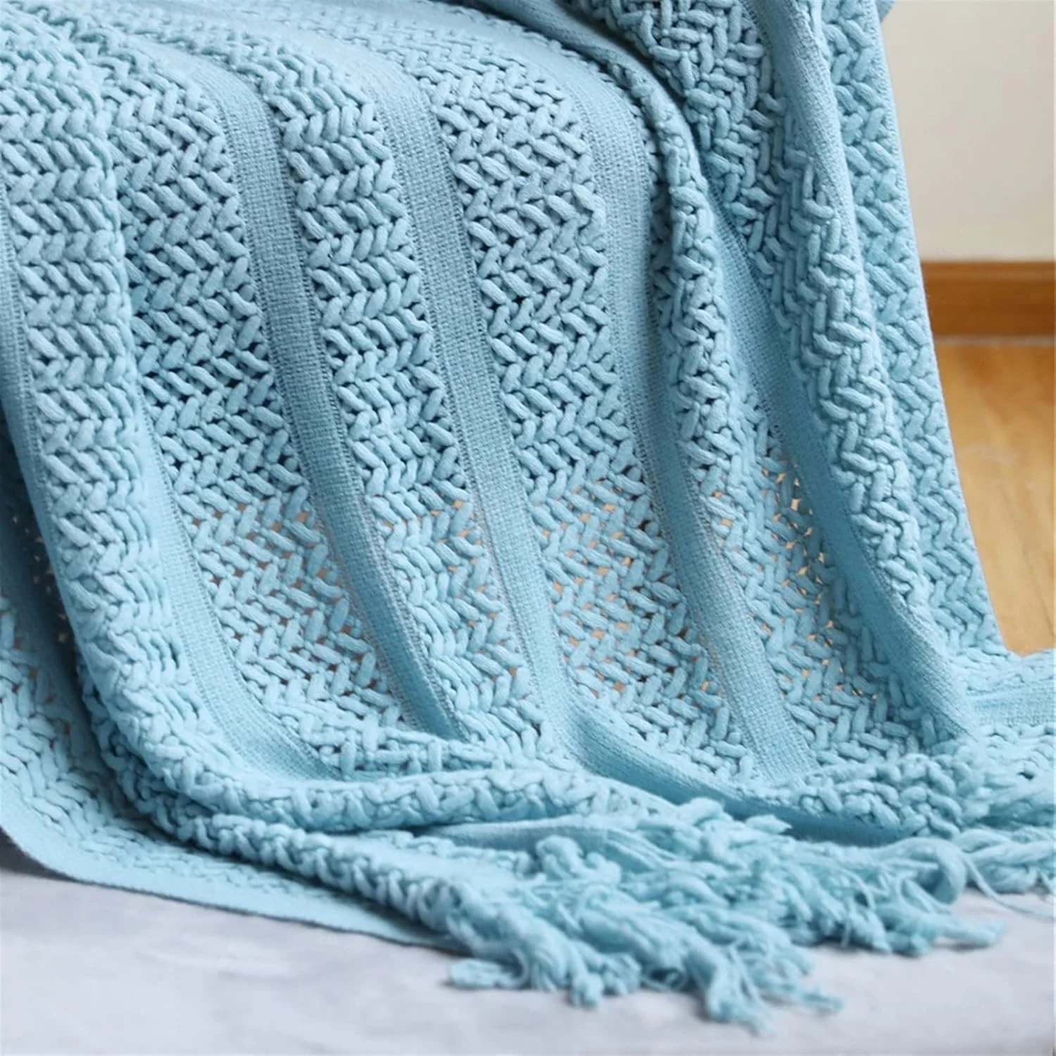 پتو بافتنی ZKSKOX، پتو مسافرتی، پتو مبل، پتو تزئینی تخت، پتوهای منگوله دار، پتوهای طرح شطرنجی توخالی مناسب برای تهویه هوا