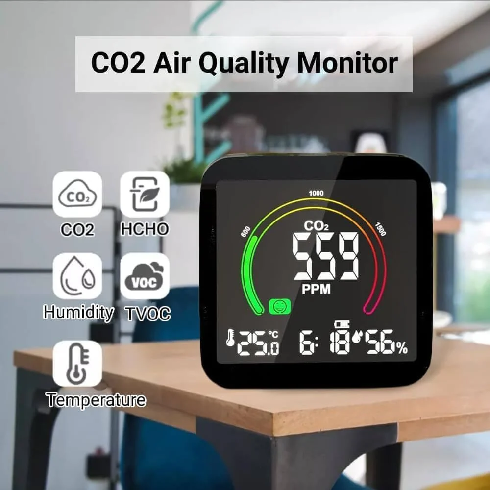 دستگاه مانیتور CO2، ردیاب مونوکسید کربن، دستگاه 5 در 1 CO2، آلارم ردیاب دی اکسید کربن، مانیتور کیفیت هوای داخلی، نمایشگر LCD دما و رطوبت برای خانه، دفتر، باشگاه، ماشین