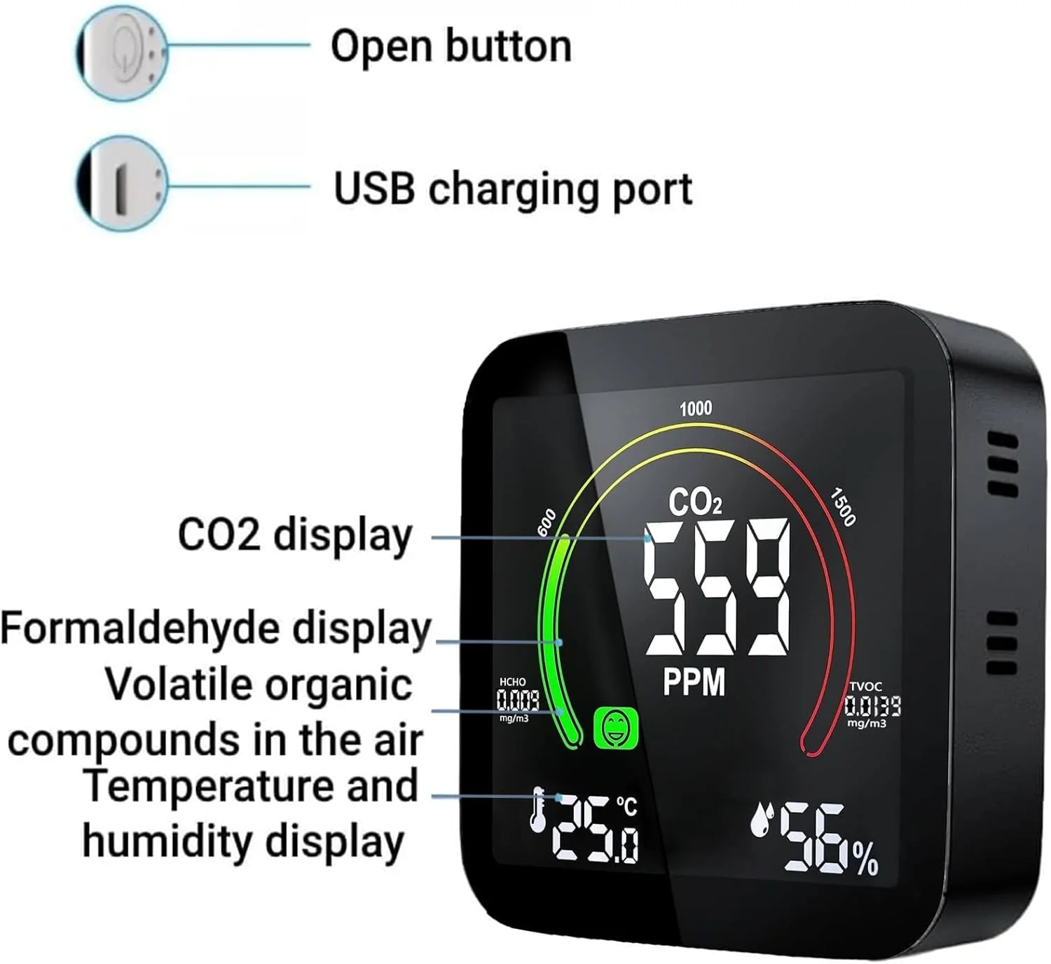 دستگاه مانیتور CO2، ردیاب مونوکسید کربن، دستگاه 5 در 1 CO2، آلارم ردیاب دی اکسید کربن، مانیتور کیفیت هوای داخلی، نمایشگر LCD دما و رطوبت برای خانه، دفتر، باشگاه، ماشین