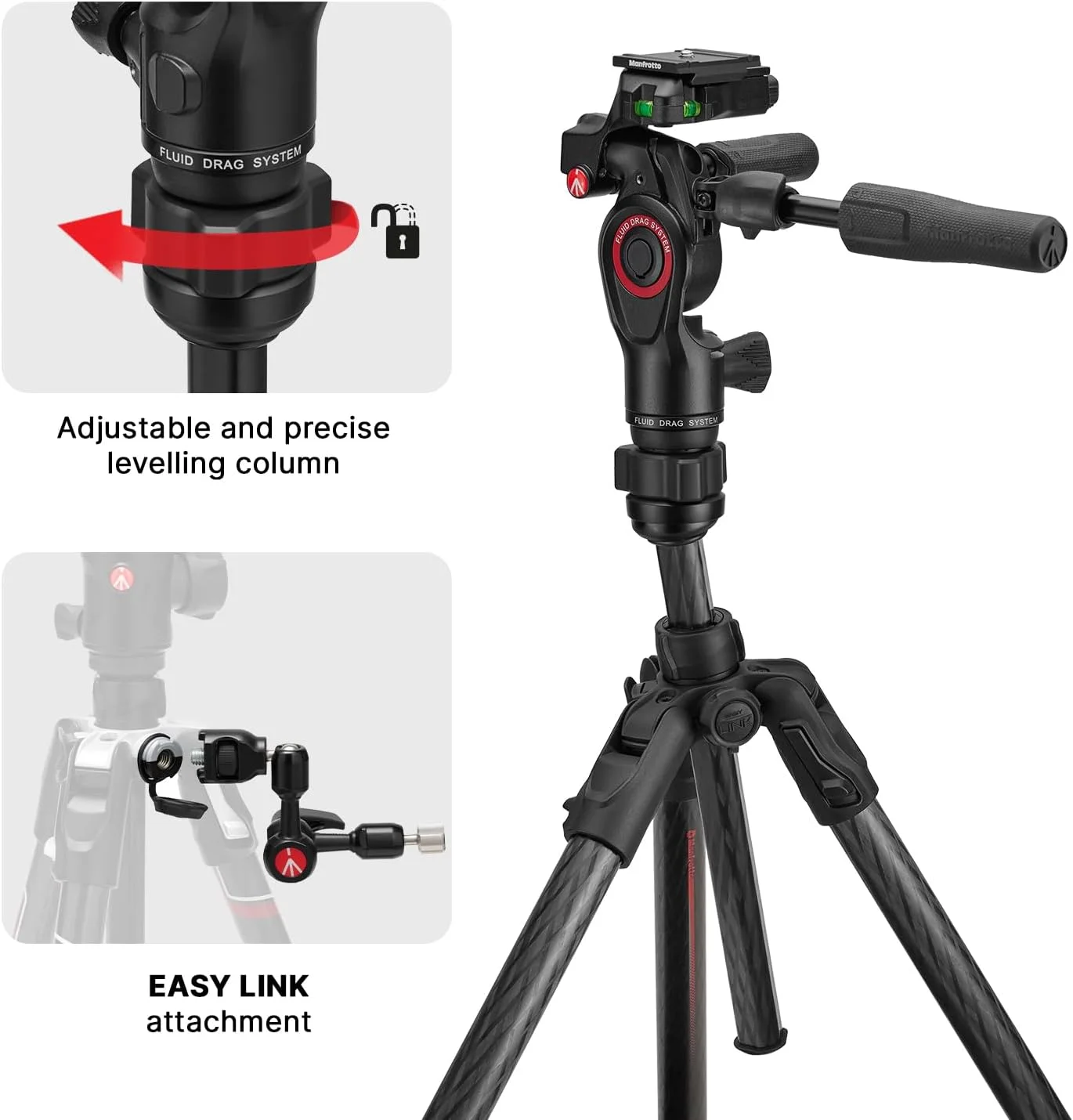 کیت سه پایه مسافرتی حرفه ای Manfrotto Befree GT PRO 3-Way، هد سه طرفه سیال، ستون تراز کننده، کیت عکس/دوربین و فیلمبرداری، فیبر کربن، Arca-type، قفل چرخشی، DSLR، بدون آینه، لوازم جانبی دوربین