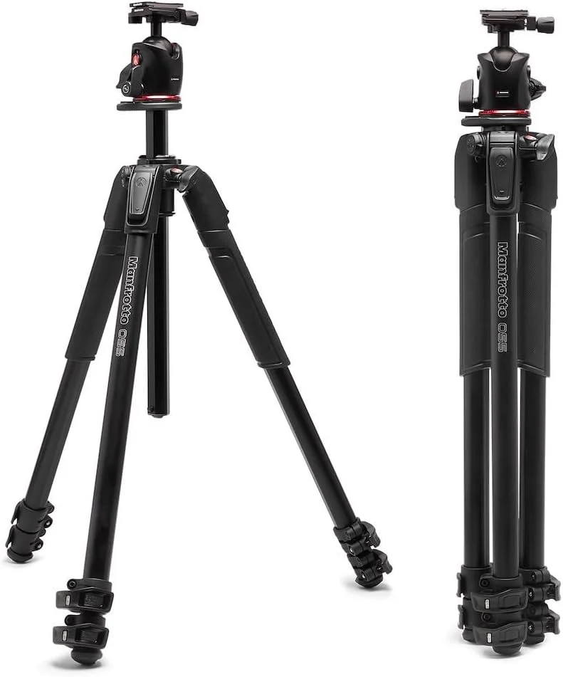 سه پایه دوربین آلومینیومی 3 قسمتی Manfrotto 055XPRO AS با هد توپی XPRO، ستون 90 درجه، تحمل وزن تا 15 کیلوگرم، صفحه Arca-Swiss، برای دوربین های DSLR/Mirrorless، پایه عکس