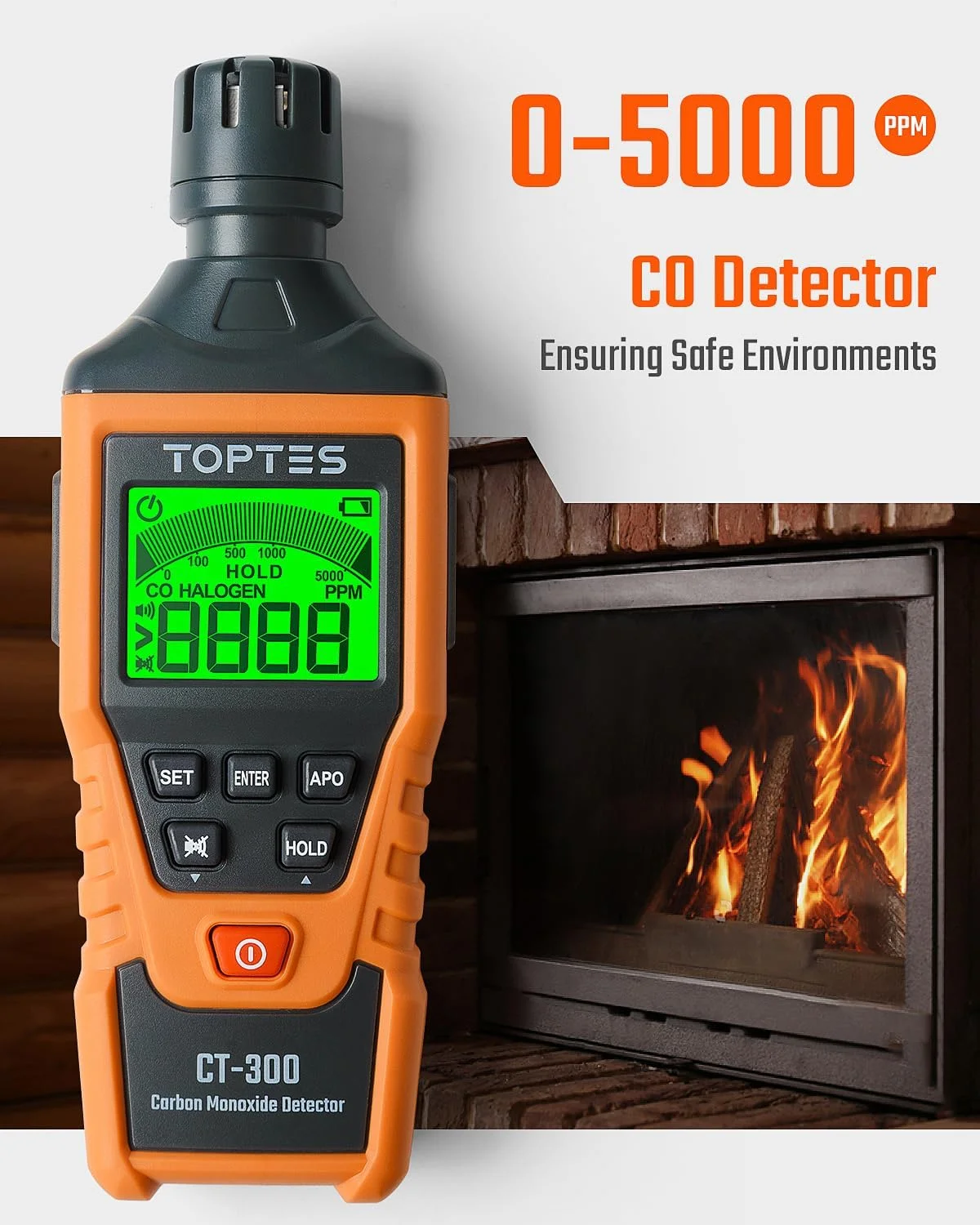 دتکتور مونوکسید کربن TopTes CT-300، دتکتور CO با آلارم دیداری و شنیداری، 0-5000PPM، آلارم CO، نمایشگر LCD برای خانه، ماشین، کمپینگ و مسافرت (شامل 3 باتری) - نارنجی