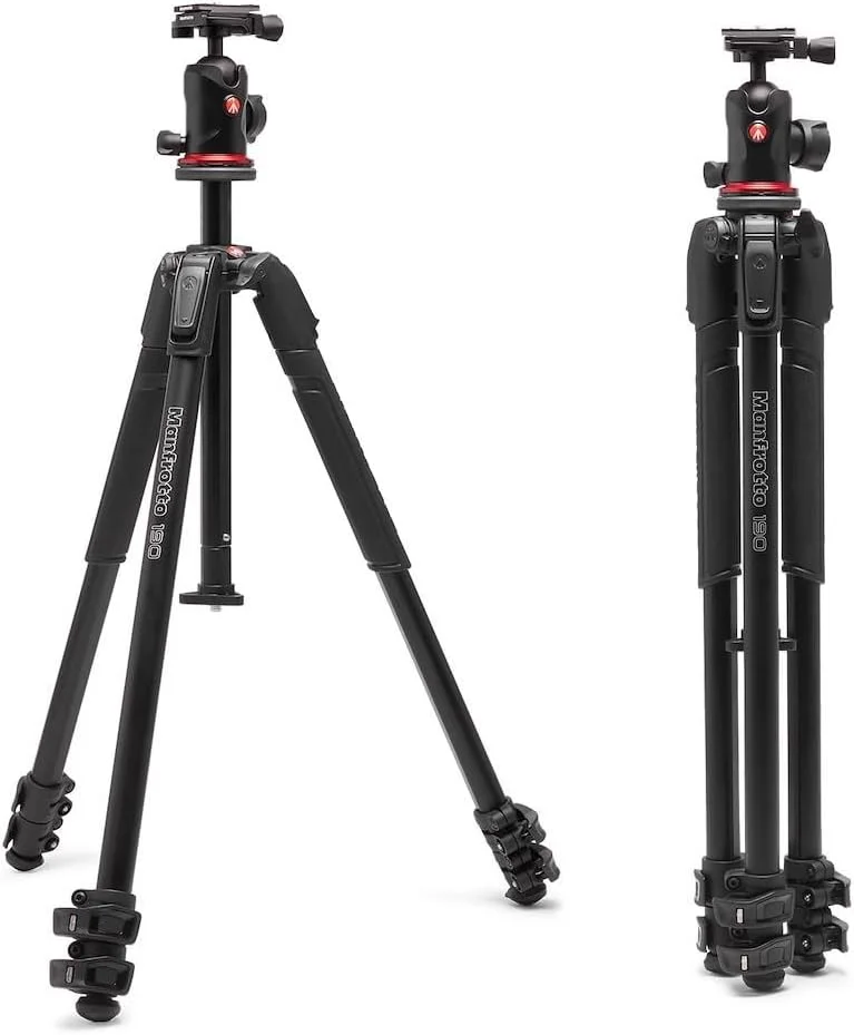 سه پایه دوربین آلومینیومی 3 قسمتی Manfrotto 190X AS، کیت عکسبرداری با هد توپی، سطح زمین، صفحه Arca-Swiss، قفل اهرمی Quick Power، تحمل وزن 10 کیلوگرم، برای DSLR و بدون آینه، پشتیبانی از عکاسی