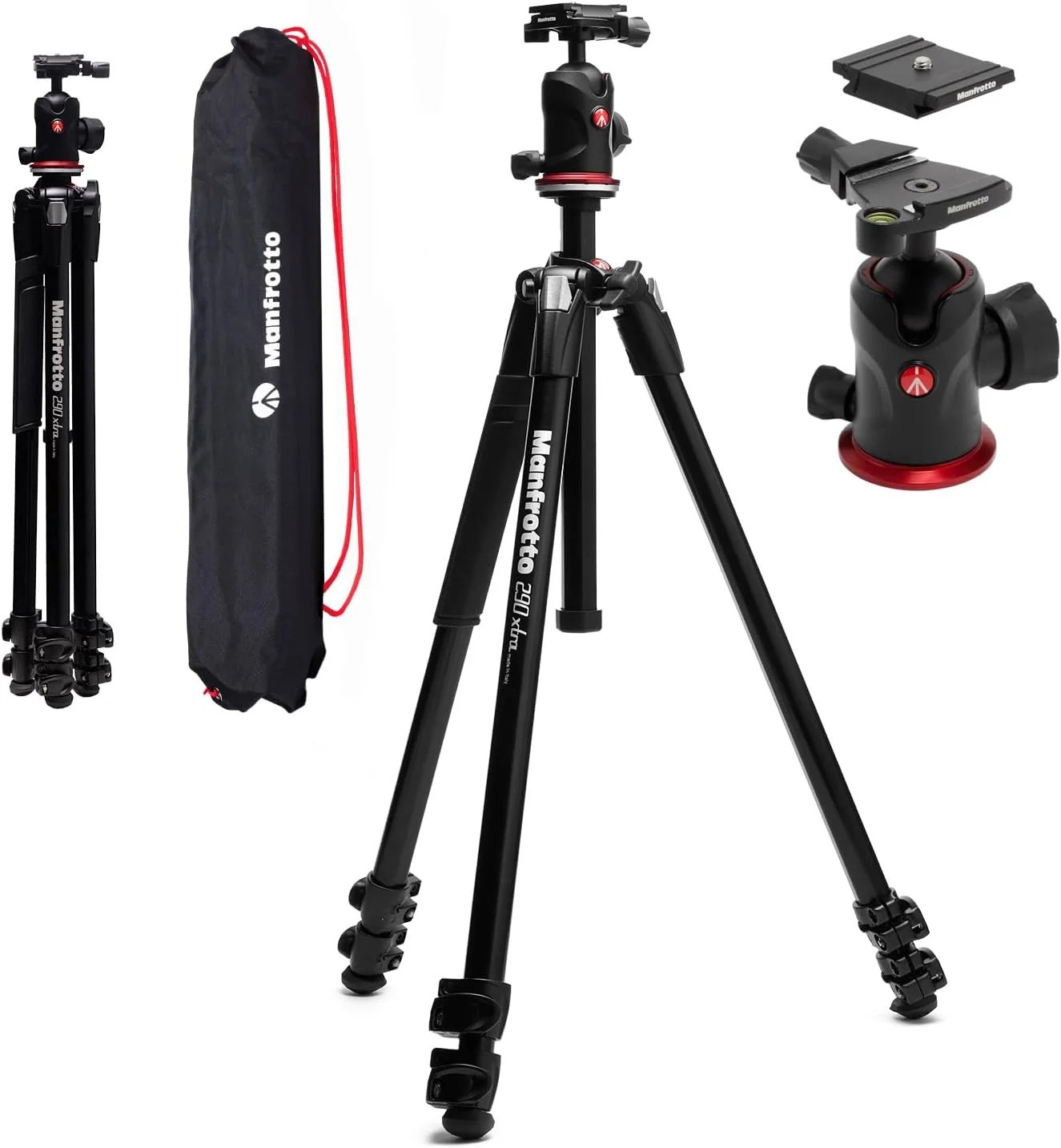 کیت سه پایه آلومینیومی Manfrotto 290XTRA با هد توپی 496، پایه های 3 قسمتی، 4 موقعیت زاویه، قفل های اهرمی سریع، صفحه Arca-Swiss، حداکثر وزن قابل تحمل 10 کیلوگرم، کیف شانه ای، برای دوربین های DSLR، بدون آینه، دوربین های کامپکت