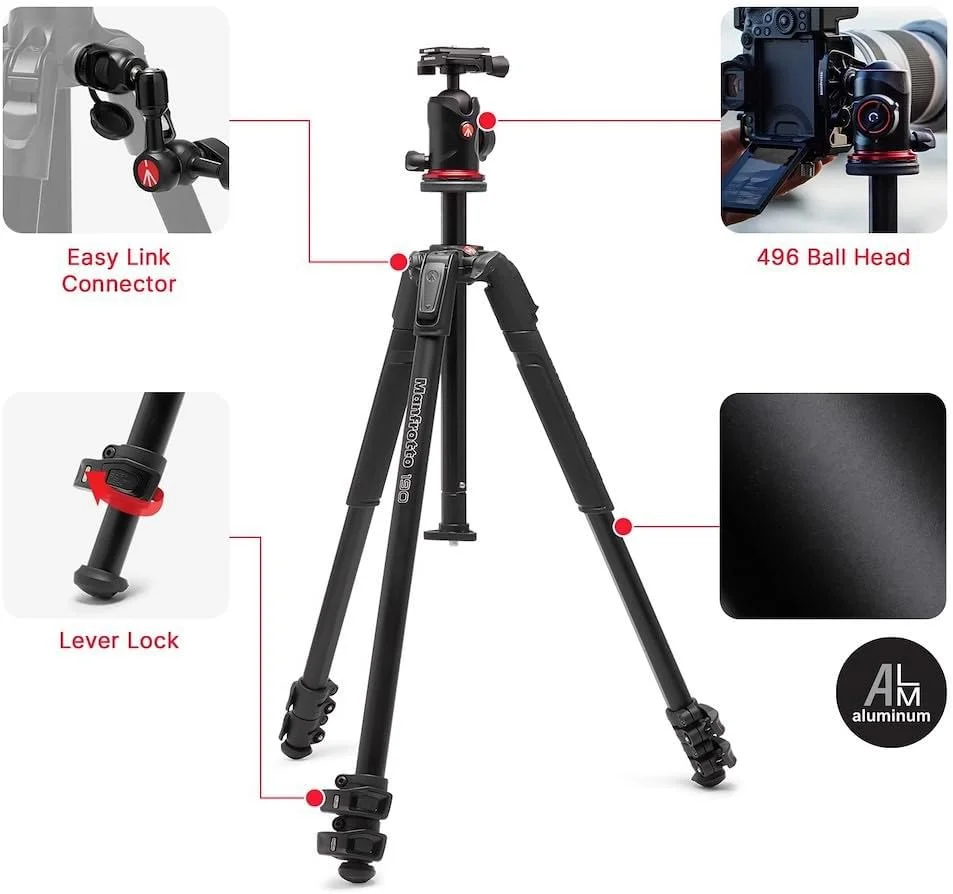 سه پایه دوربین آلومینیومی 3 قسمتی Manfrotto 190X AS، کیت عکسبرداری با هد توپی، سطح زمین، صفحه Arca-Swiss، قفل اهرمی Quick Power، تحمل وزن 10 کیلوگرم، برای DSLR و بدون آینه، پشتیبانی از عکاسی
