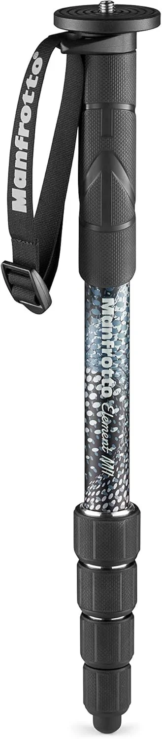 تک پایه دوربین مسافرتی آلومینیومی 5 قسمتی سبک وزن Manfrotto Element MII MMELMIIA5BK، با بند مچی، دستگیره لاستیکی، قفل های چرخشی، تحمل بار تا 15 کیلوگرم، برای دوربین های کامپکت، بدون آینه، DSLR، مشکی