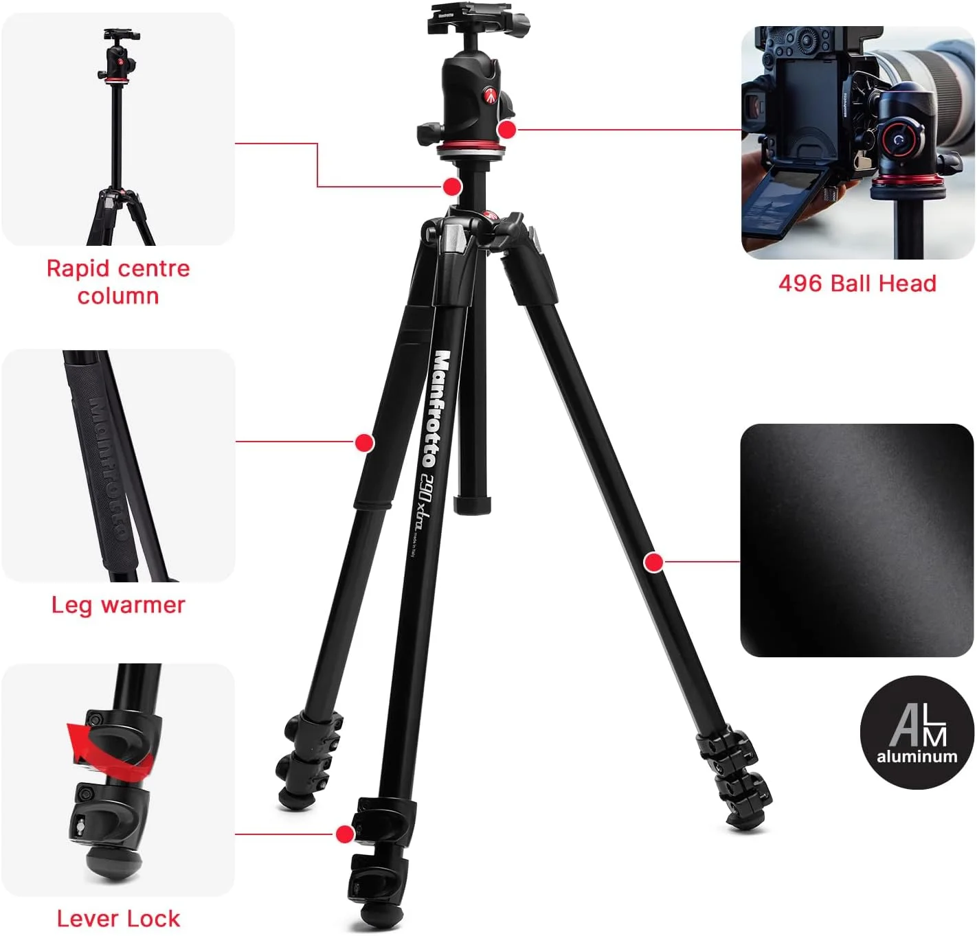 کیت سه پایه آلومینیومی Manfrotto 290XTRA با هد توپی 496، پایه های 3 قسمتی، 4 موقعیت زاویه، قفل های اهرمی سریع، صفحه Arca-Swiss، حداکثر وزن قابل تحمل 10 کیلوگرم، کیف شانه ای، برای دوربین های DSLR، بدون آینه، دوربین های کامپکت کیت سه پایه آلومینیومی Manfrotto 290XTRA با هد توپی 496، پایه های 3 قسمتی، 4 موقعیت زاویه، قفل های اهرمی سریع، صفحه Arca-Swiss، حداکثر وزن قابل تحمل 10 کیلوگرم، کیف شانه ای، برای دوربین های DSLR، بدون آینه، دوربین های کامپکت