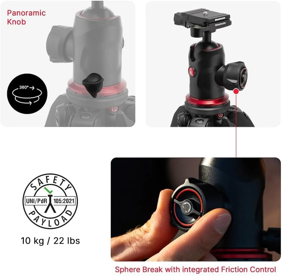 سه پایه دوربین آلومینیومی 3 قسمتی Manfrotto 190X AS، کیت عکسبرداری با هد توپی، سطح زمین، صفحه Arca-Swiss، قفل اهرمی Quick Power، تحمل وزن 10 کیلوگرم، برای DSLR و بدون آینه، پشتیبانی از عکاسی