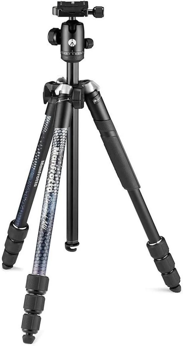 سه پایه دوربین مسافرتی آلومینیومی سبک وزن Manfrotto Element MII MKELMII4BK-BH، به همراه کیف حمل، هد توپی سازگار با Arca، پایه های 4 قسمتی، قفل های چرخشی، تحمل وزن تا 8 کیلوگرم، برای دوربین های بدون آینه و DSLR