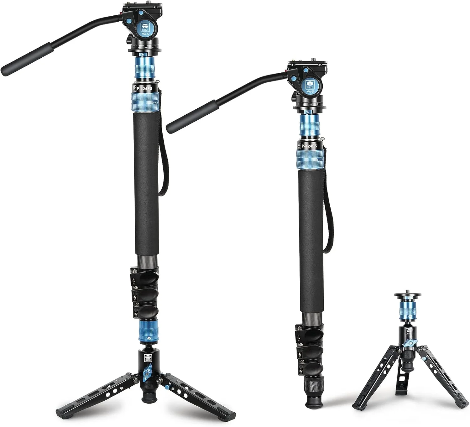 کیت مونوپاد فیبر کربنی Sirui P-424FS، مونوپاد ویدیویی حرفه ای سنگین 168 سانتی متری به همراه هد ویدیویی VA-5، پایه سه پایه، قفل های چرخشی برای دوربین DSLR