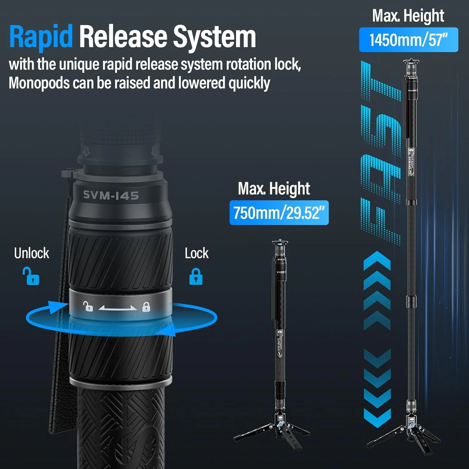 تک پایه فیبر کربنی سه قسمتی Sirui SVM-145 تک پایه فیبر کربنی سه قسمتی Sirui SVM-145