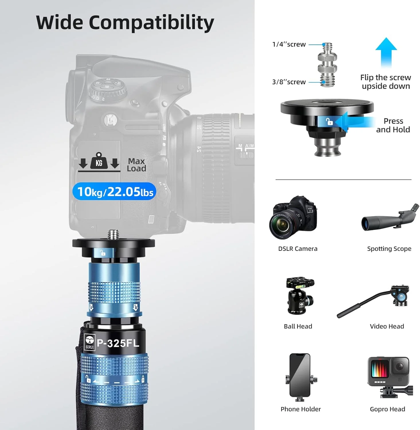 تک پایه دوربین SIRUI P-325FL با پایه، 170 سانتی متر فیبر کربنی سبک وزن DSLR، تلسکوپی 5 قسمتی، طراحی ماژولار، استقرار سریع، فقط پایه تک پایه دوربین SIRUI P-325FL با پایه، 170 سانتی متر فیبر کربنی سبک وزن DSLR، تلسکوپی 5 قسمتی، طراحی ماژولار، استقرار سریع، فقط پایه
