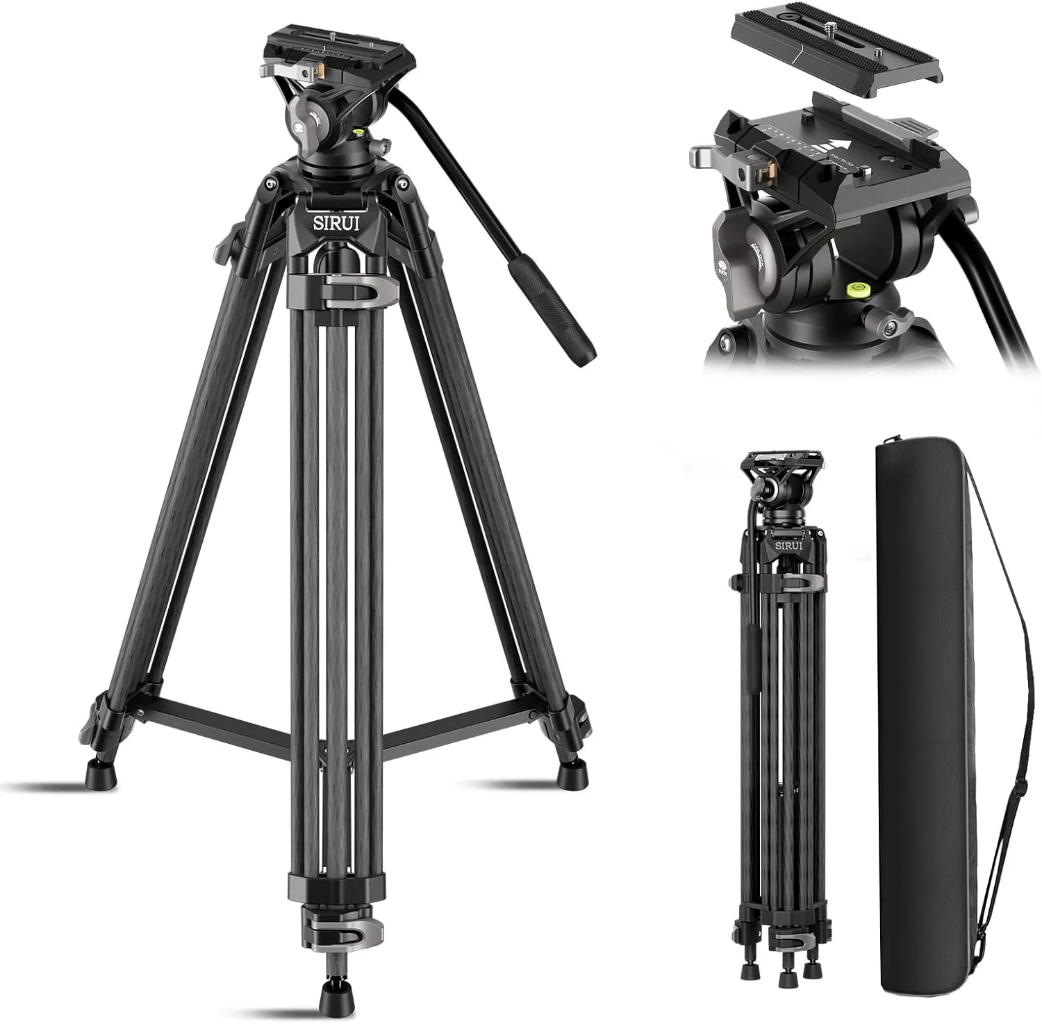 سه پایه فیلمبرداری کربنی سریع SIRUI، سه پایه سنگین 73 اینچی با هد سیال و سیستم قفل صفحه QR یک مرحله ای، حرفه ای برای دوربین های DSLR و فیلمبرداری، حداکثر بار 15 کیلوگرم، AVT-12