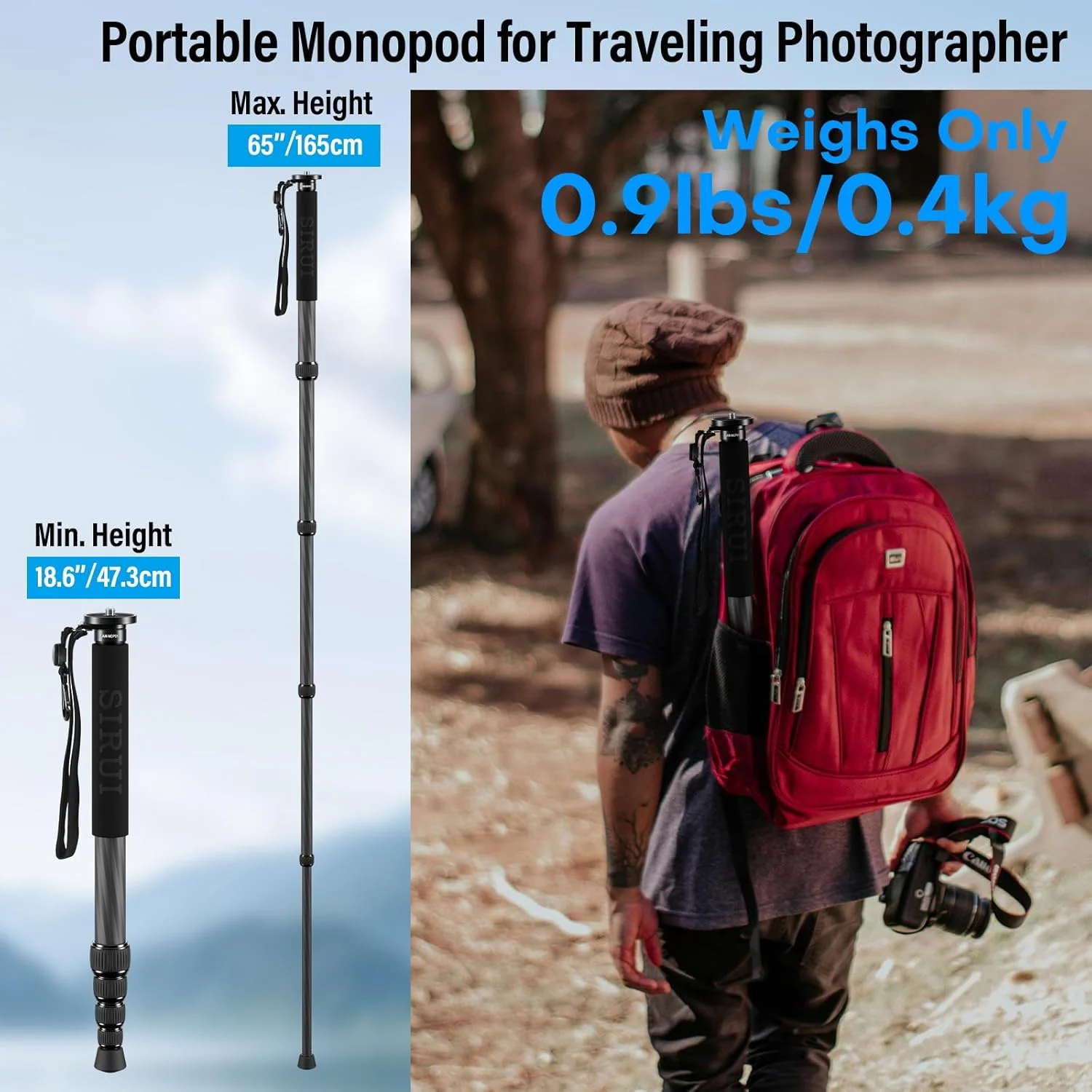 تک پایه فیبر کربنی SIRUI - سه پایه مسافرتی سبک وزن 0.41 کیلوگرمی برای دوربین و تلفن هوشمند، تحمل وزن 10 کیلوگرم، گیره تلفن 360 درجه، قفل های چرخشی سریع، طراحی جمع و جور با قطب نما و کارابین تک پایه فیبر کربنی SIRUI - سه پایه مسافرتی سبک وزن 0.41 کیلوگرمی برای دوربین و تلفن هوشمند، تحمل وزن 10 کیلوگرم، گیره تلفن 360 درجه، قفل های چرخشی سریع، طراحی جمع و جور با قطب نما و کارابین