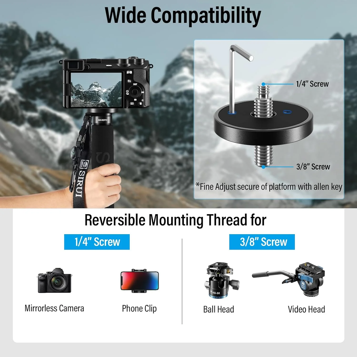 تک پایه فیبر کربنی SIRUI - سه پایه مسافرتی سبک وزن 0.41 کیلوگرمی برای دوربین و تلفن هوشمند، تحمل وزن 10 کیلوگرم، گیره تلفن 360 درجه، قفل های چرخشی سریع، طراحی جمع و جور با قطب نما و کارابین تک پایه فیبر کربنی SIRUI - سه پایه مسافرتی سبک وزن 0.41 کیلوگرمی برای دوربین و تلفن هوشمند، تحمل وزن 10 کیلوگرم، گیره تلفن 360 درجه، قفل های چرخشی سریع، طراحی جمع و جور با قطب نما و کارابین