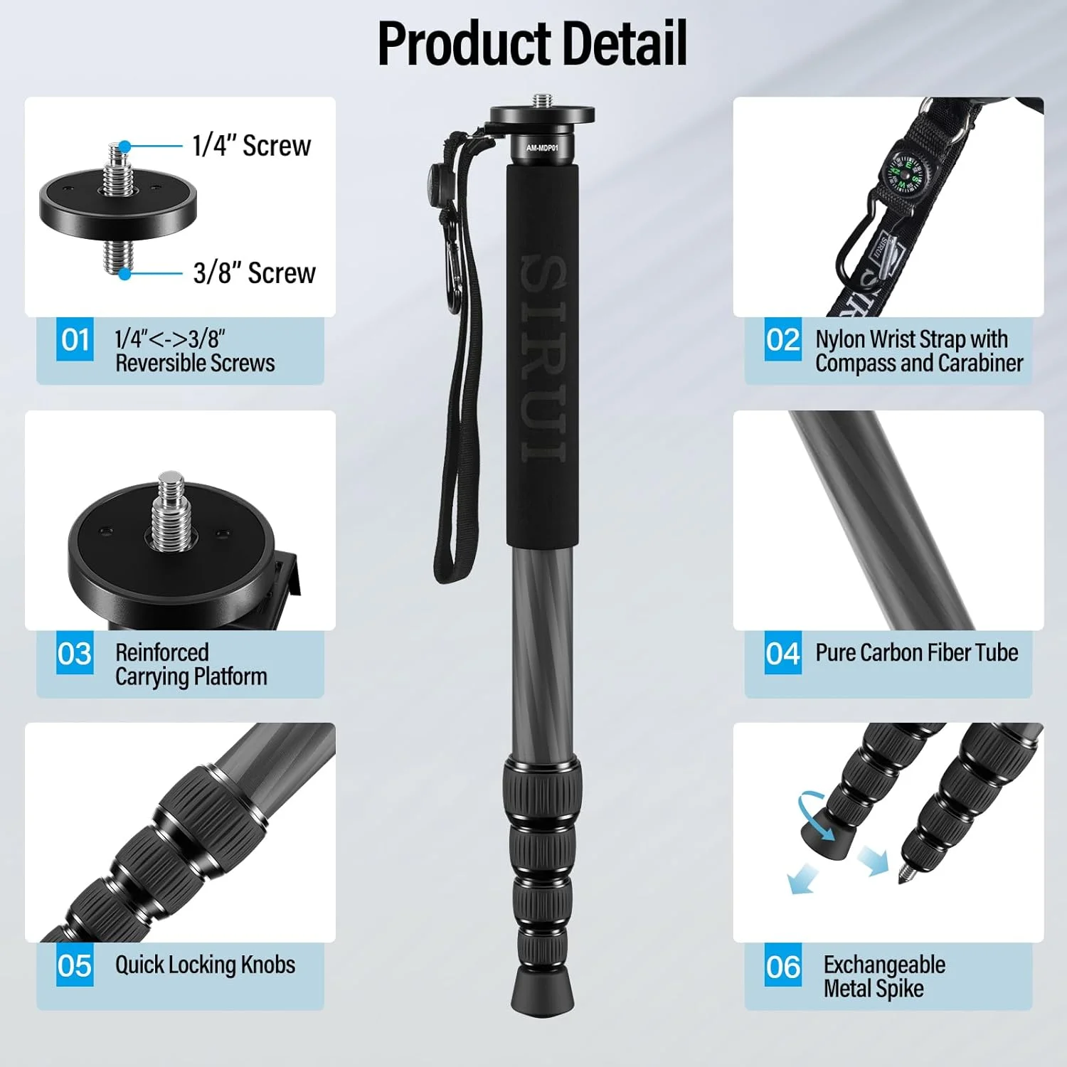 تک پایه فیبر کربنی SIRUI - سه پایه مسافرتی سبک وزن 0.41 کیلوگرمی برای دوربین و تلفن هوشمند، تحمل وزن 10 کیلوگرم، گیره تلفن 360 درجه، قفل های چرخشی سریع، طراحی جمع و جور با قطب نما و کارابین تک پایه فیبر کربنی SIRUI - سه پایه مسافرتی سبک وزن 0.41 کیلوگرمی برای دوربین و تلفن هوشمند، تحمل وزن 10 کیلوگرم، گیره تلفن 360 درجه، قفل های چرخشی سریع، طراحی جمع و جور با قطب نما و کارابین