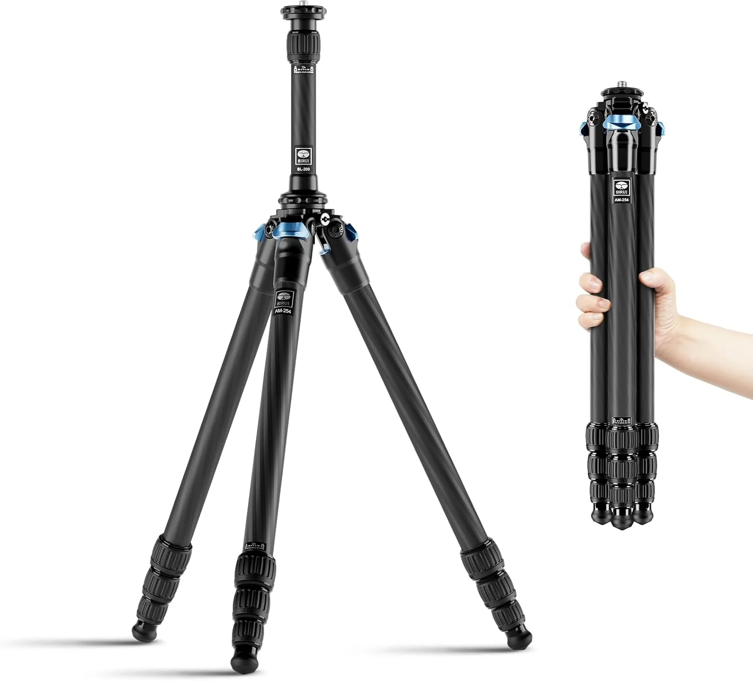 سه پایه کربنی متوسط SIRUI AM-254+SL-200 به همراه ستون مرکزی، سه پایه مسافرتی سبک وزن و قابل حمل برای دوربین، قفل های چرخشی، میخ ها، حداکثر ارتفاع 152 سانتی متر، جمع شده 44 سانتی متر، تحمل وزن 12 کیلوگرم