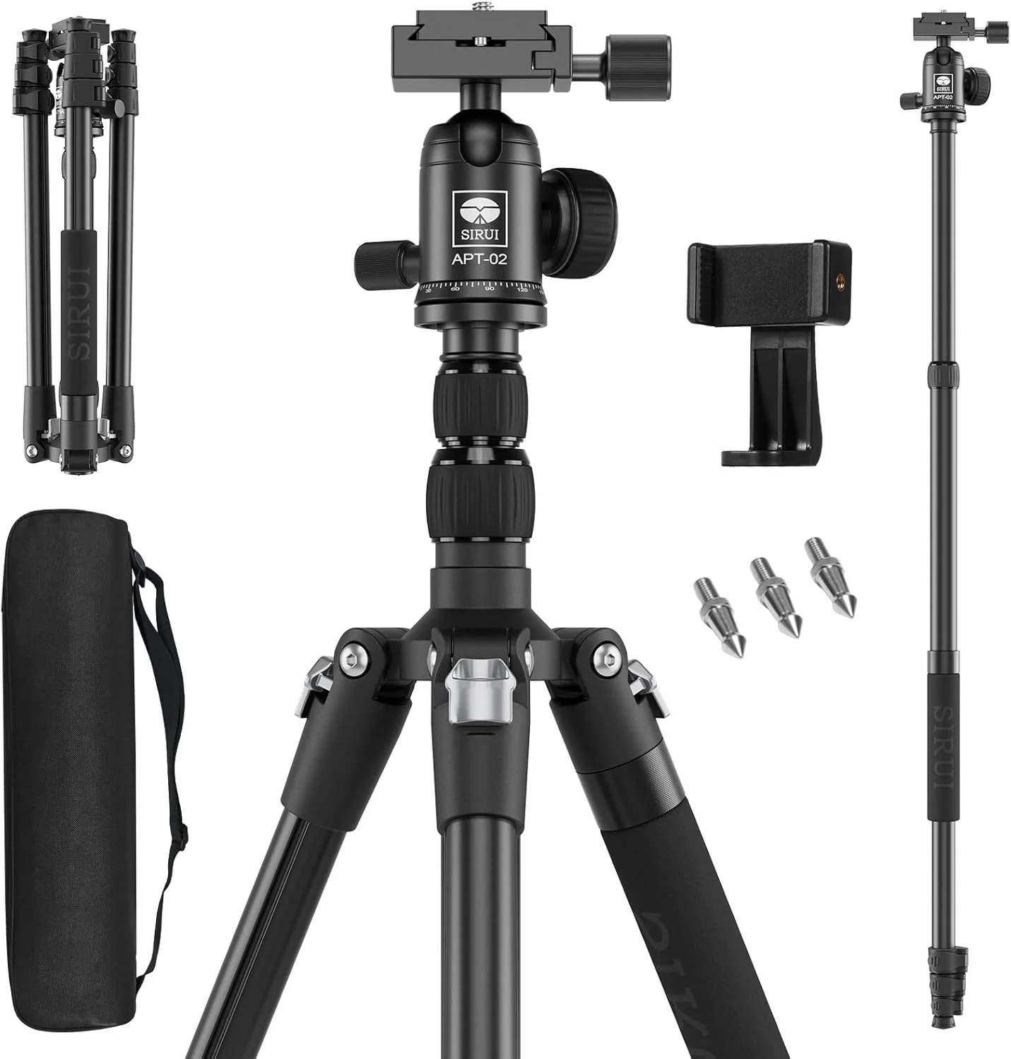 سه پایه و تک پایه دوربین SIRUI، سه پایه آلومینیومی 78.7 اینچی با ستون مرکزی، سه پایه DSLR جداشدنی با هد توپی 360 درجه، صفحه رهاسازی سریع، ظرفیت باربری 10 کیلوگرم، دارای نگهدارنده تلفن، APT-02
