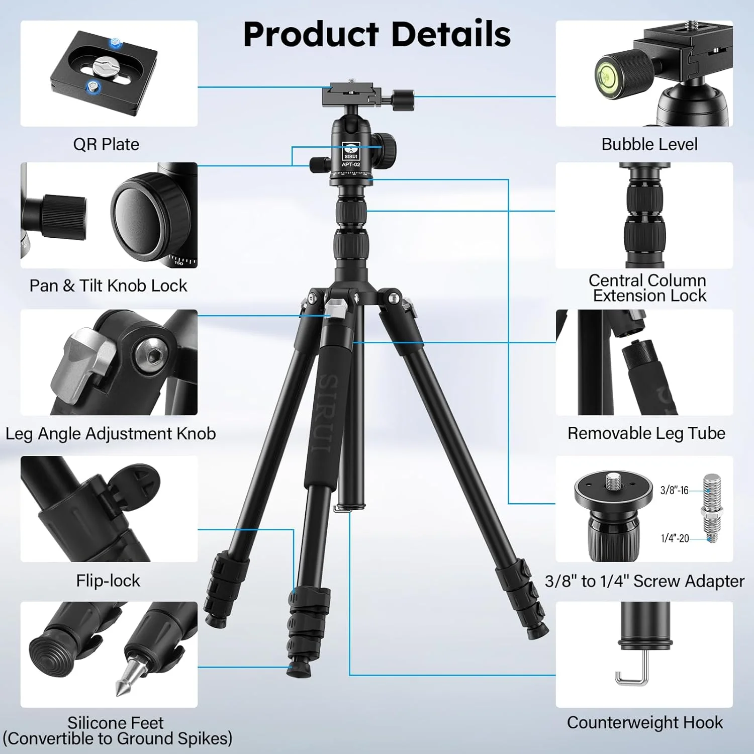 سه پایه و تک پایه دوربین SIRUI، سه پایه آلومینیومی 78.7 اینچی با ستون مرکزی، سه پایه DSLR جداشدنی با هد توپی 360 درجه، صفحه رهاسازی سریع، ظرفیت باربری 10 کیلوگرم، دارای نگهدارنده تلفن، APT-02 سه پایه و تک پایه دوربین SIRUI، سه پایه آلومینیومی 78.7 اینچی با ستون مرکزی، سه پایه DSLR جداشدنی با هد توپی 360 درجه، صفحه رهاسازی سریع، ظرفیت باربری 10 کیلوگرم، دارای نگهدارنده تلفن، APT-02
