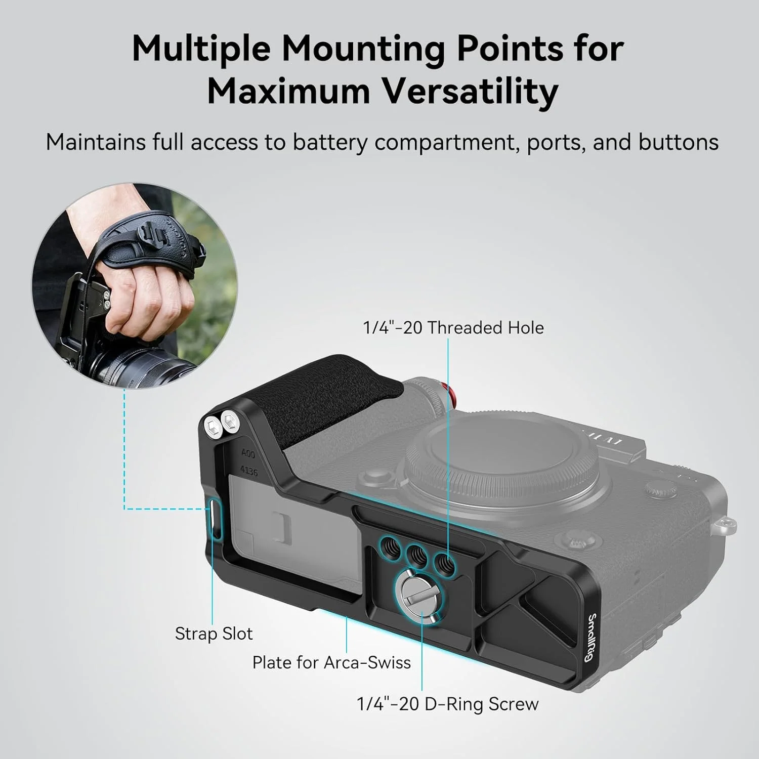 گریپ L شکل SmallRig مدل 4260 برای دوربین FUJIFILM X-T5، دارای صفحه رهاسازی سریع داخلی سازگار با Arca، سوراخهای 1/4 اینچ، دستگیره سیلیکونی ارگونومیک، دکمه شاتر (مشکی) گریپ L شکل SmallRig مدل 4260 برای دوربین FUJIFILM X-T5، دارای صفحه رهاسازی سریع داخلی سازگار با Arca، سوراخهای 1/4 اینچ، دستگیره سیلیکونی ارگونومیک، دکمه شاتر (مشکی)