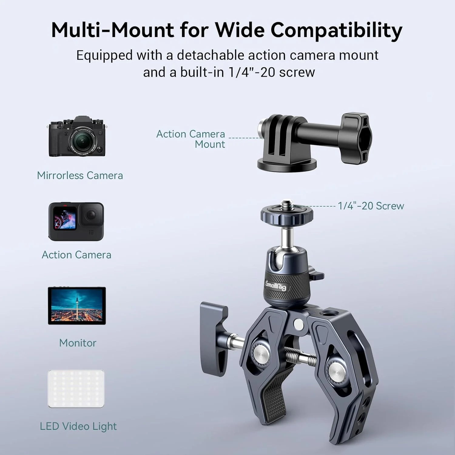 گیره سوپر اسمال ریگ با سر توپی، گیره نگهدارنده دوربین، آداپتور رهاسازی سریع برای گو پرو، مانیتور دوربین، چراغ ال ای دی، حداکثر تحمل وزن 3.5 کیلوگرم - 4102 گیره سوپر اسمال ریگ با سر توپی، گیره نگهدارنده دوربین، آداپتور رهاسازی سریع برای گو پرو، مانیتور دوربین، چراغ ال ای دی، حداکثر تحمل وزن 3.5 کیلوگرم - 4102