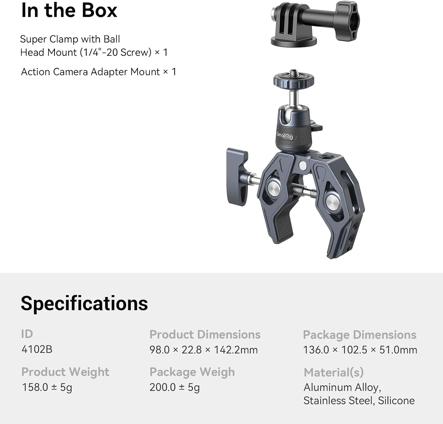 گیره سوپر اسمال ریگ با سر توپی، گیره نگهدارنده دوربین، آداپتور رهاسازی سریع برای گو پرو، مانیتور دوربین، چراغ ال ای دی، حداکثر تحمل وزن 3.5 کیلوگرم - 4102 گیره سوپر اسمال ریگ با سر توپی، گیره نگهدارنده دوربین، آداپتور رهاسازی سریع برای گو پرو، مانیتور دوربین، چراغ ال ای دی، حداکثر تحمل وزن 3.5 کیلوگرم - 4102
