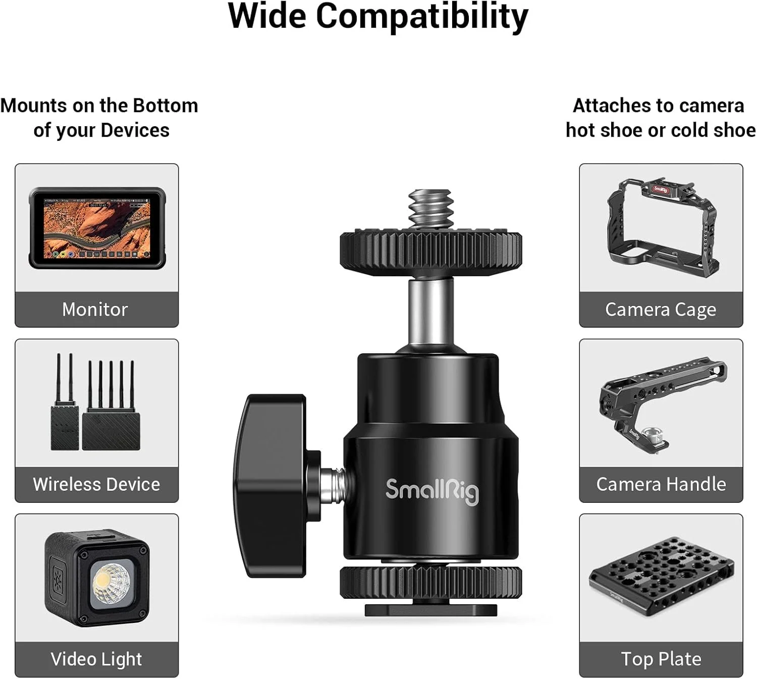 SMALLRIG پایه هد توپی (2 عددی) با آداپتور کفشک سرد برای پایه نور، دوربین DSLR، سه پایه - 2059