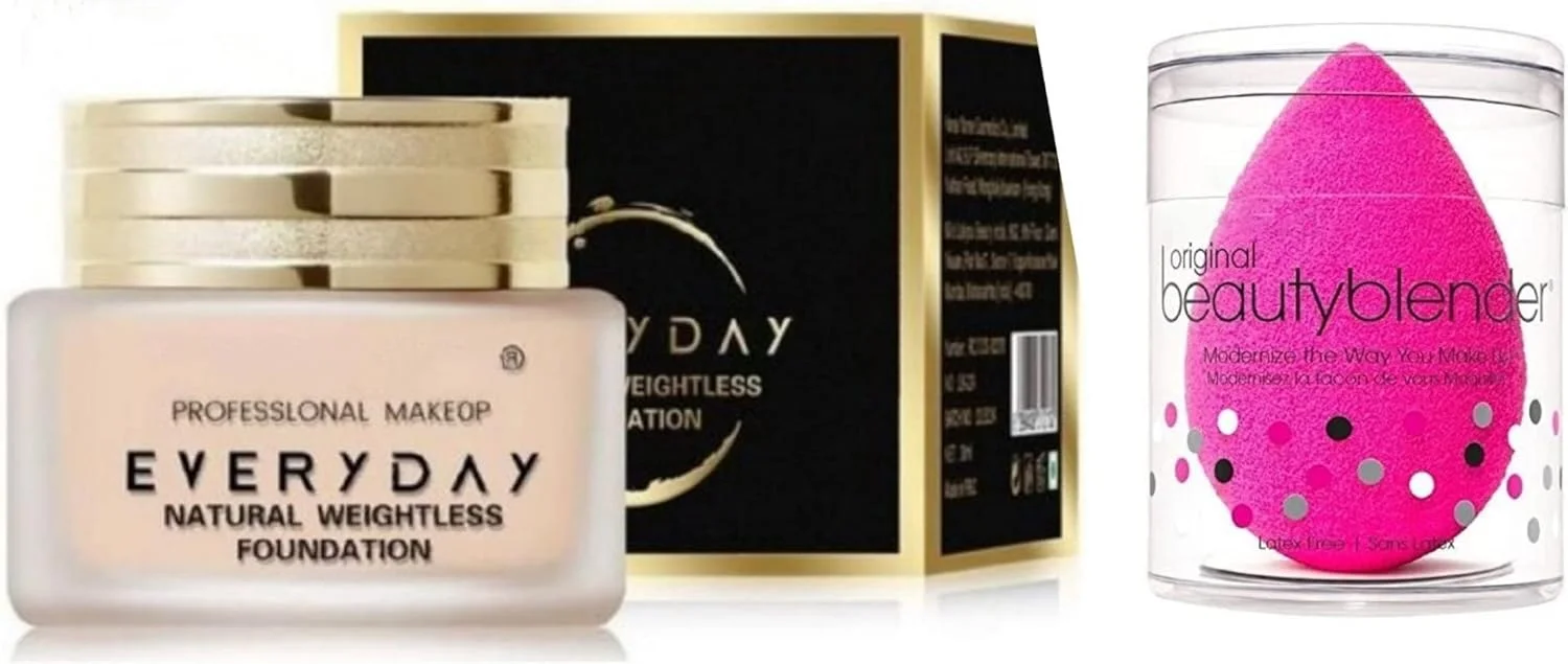 کرم پودر روزانه سبک و طبیعی CRAZY HUDA Professional Makeup EVERYDAY به همراه پد آرایشی (بیوتی بلندر) بسته 2 عددی