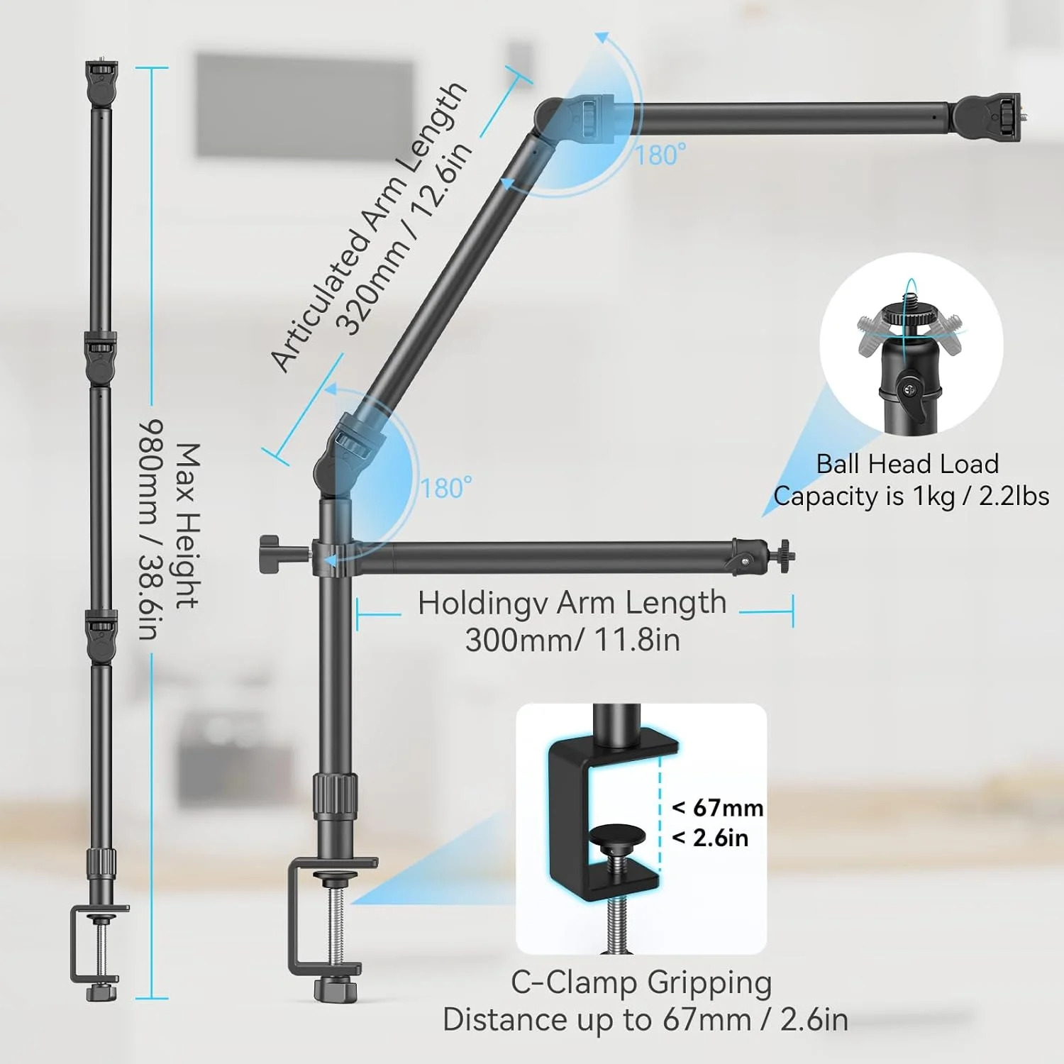پایه دوربین بالای سر SmallRig، پایه رومیزی دوربین با بازوی انعطاف پذیر، هد توپی چرخان 360 درجه، گیره C رومیزی بازوی بوم DSLR برای عکاسی، فیلمبرداری و پخش زنده - 4456